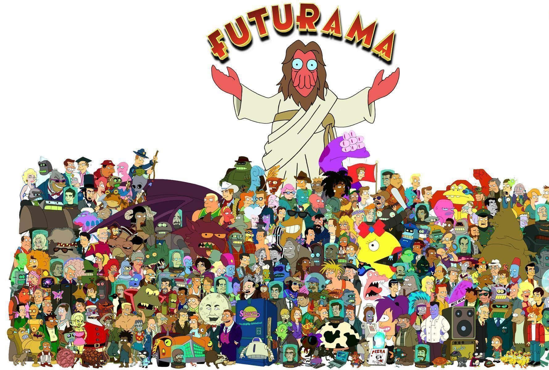 Futurama 桌布 壁紙 — 一群充滿活力的《乃出個未來》角色聚集在一個巨大的耶穌像下，上方拱形顯示節目名稱。