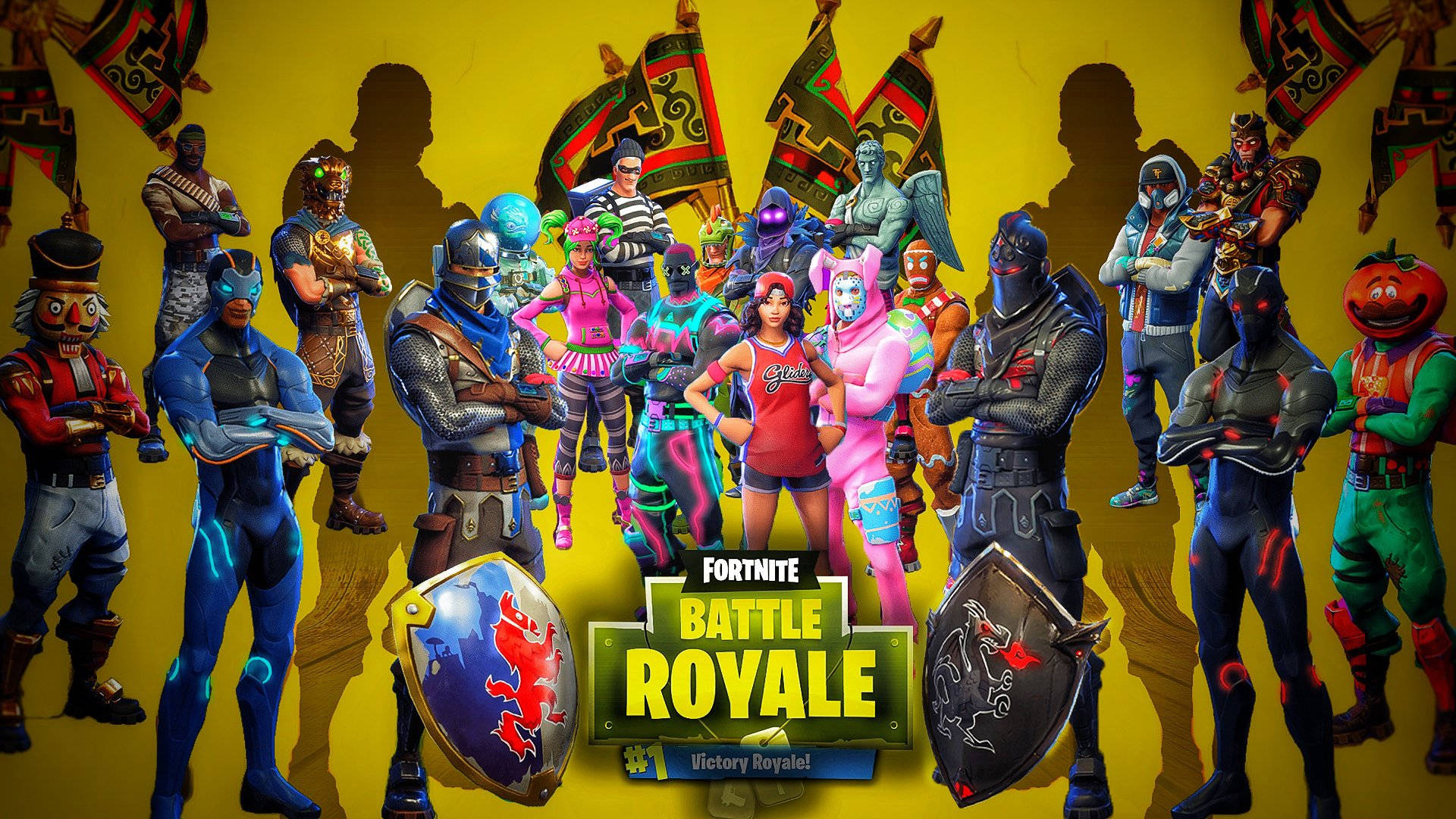 Fortnite 縮圖 桌布 壁紙 — 一群充滿活力的《要塞英雄》大逃殺角色穿著色彩繽紛的造型，在搶眼的黃色背景和部落旗幟前自信地擺姿勢。