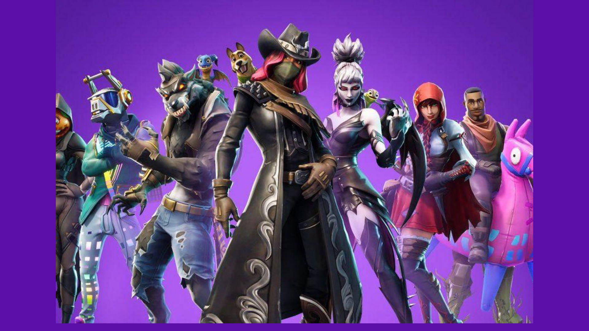 calamity fortnite 桌布 壁紙 — 一群充滿活力的《要塞英雄》角色穿著時尚服裝，在純紫色背景前自信地擺姿勢。