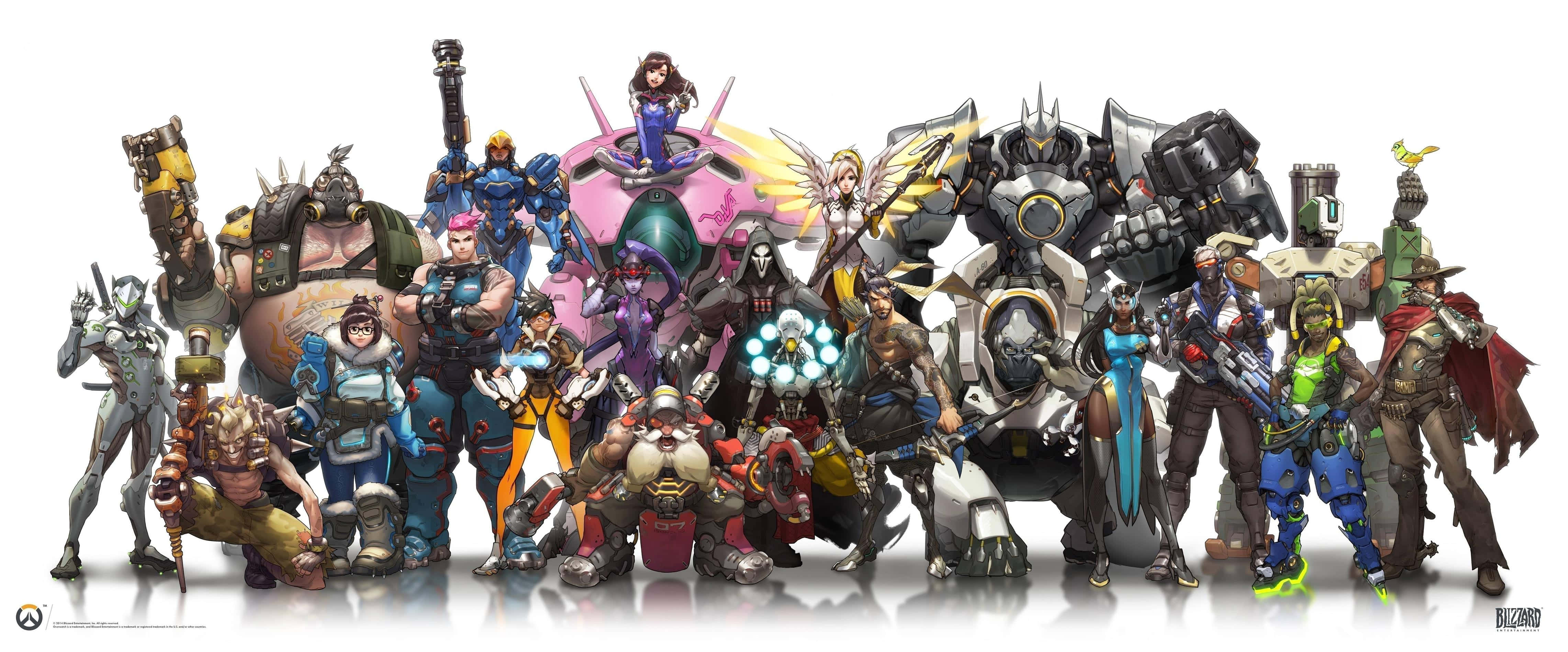 HD Overwatch 桌布 壁紙 — 一群充滿活力的《鬥陣特攻》英雄，以動態姿勢站在純白背景上，帶有微妙的反射效果。