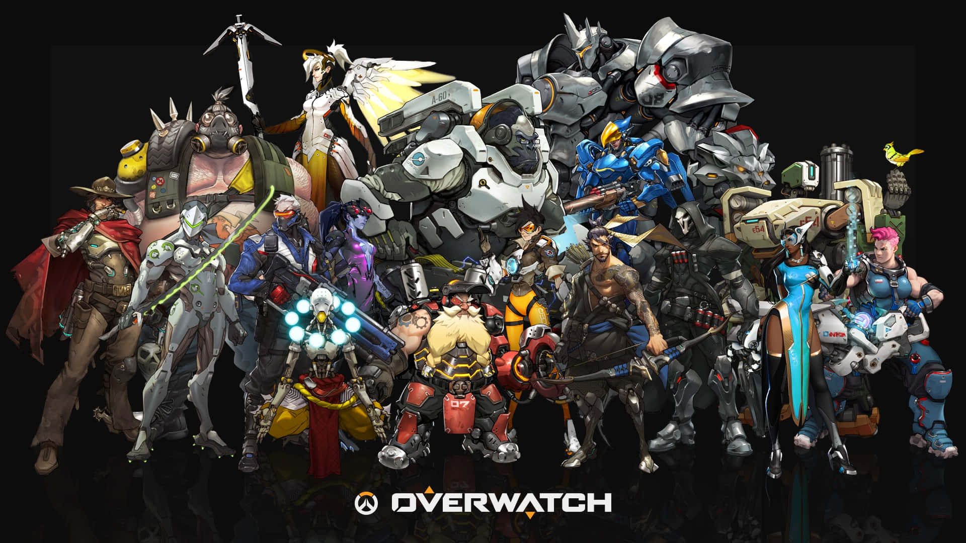 Overwatch Roadhog 桌布 壁紙 — 一群充滿活力的《鬥陣特攻》英雄，全副武裝，在黑暗背景下英勇地擺出姿勢。