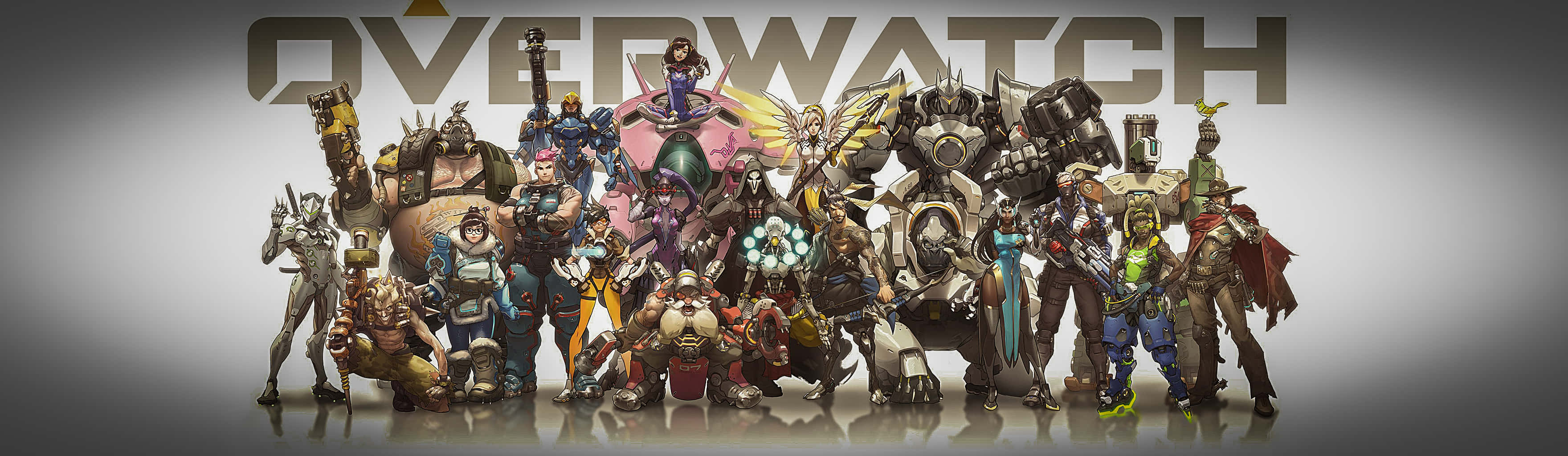 Overwatch Mercy 桌布 壁紙 — 一群充滿活力的《鬥陣特攻》英雄，在漸變背景上擺出動態姿勢，上方有《鬥陣特攻》標誌。