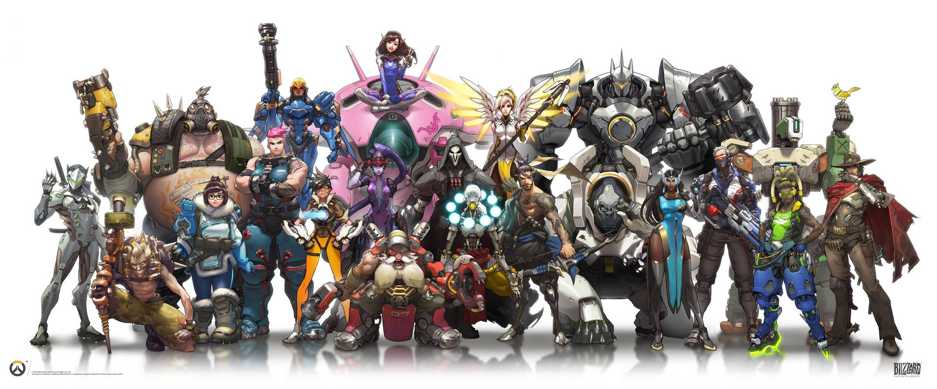Overwatch 桌布 壁紙 — 一群充滿活力的《鬥陣特攻》英雄在潔白背景前一起擺姿勢，展現多樣化的角色和色彩繽紛的服裝。