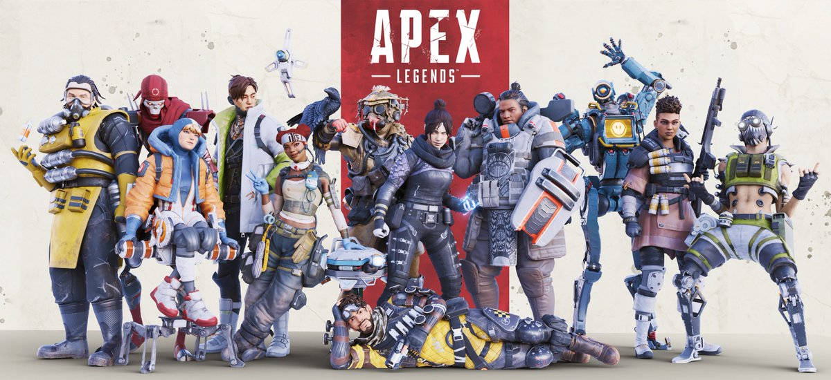 Cool Apex Legends 桌布 壁紙 — 一群充滿活力的Apex Legends角色，身穿精細的未來戰鬥裝備，在紅色和米色背景前動態擺姿勢。
