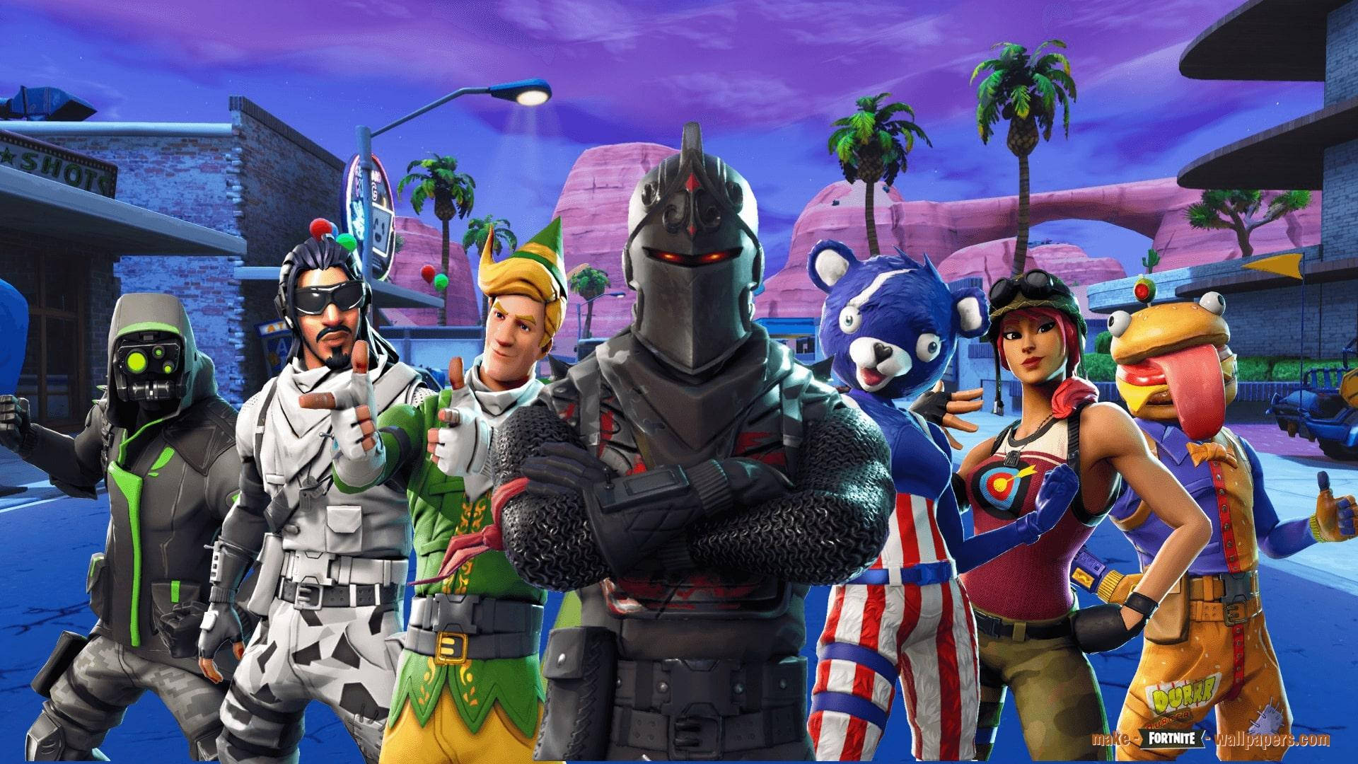 Og 桌布 壁紙 — 一群充滿活力的Fortnite角色穿著色彩繽紛的服裝，在紫色天空下的風格化城市環境中自信地擺姿勢。