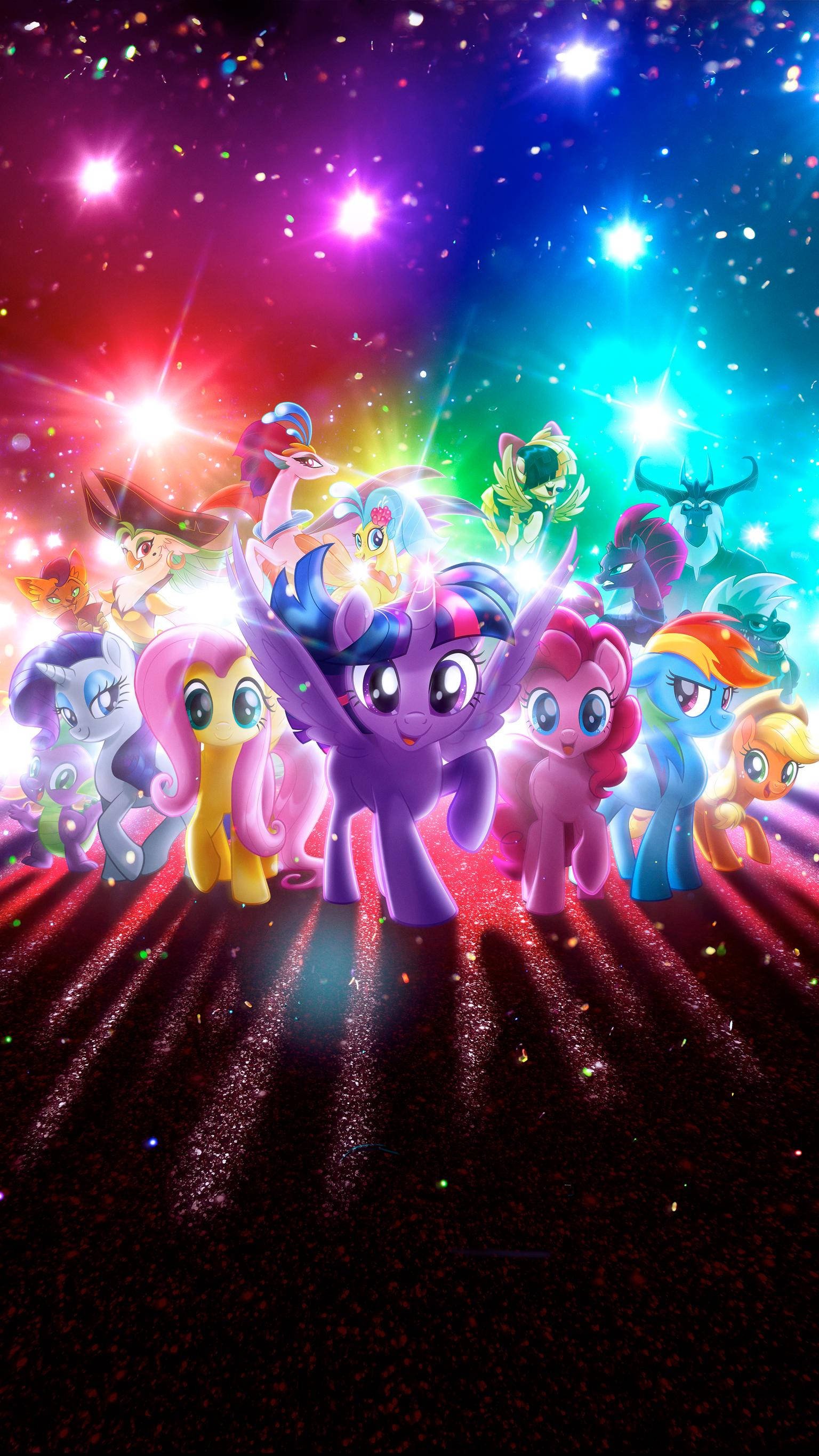 my 桌布 壁紙 — 一群充滿活力的My Little Pony角色站在閃爍的宇宙天空下，天空充滿閃亮的星星和耀眼的光束。