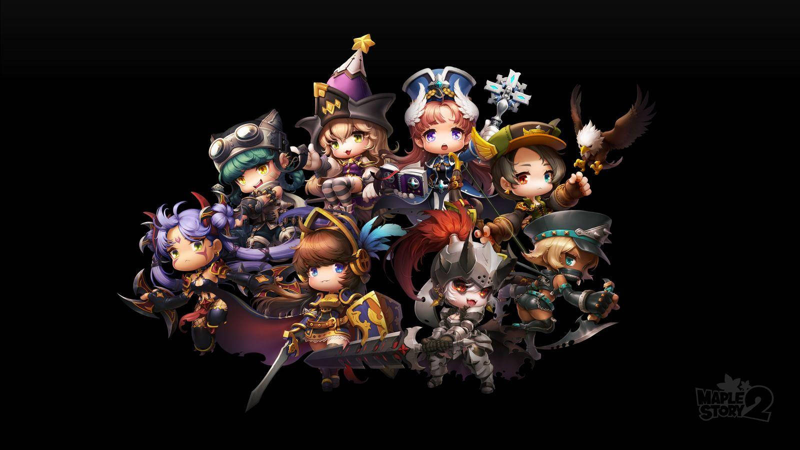 game 桌布 壁紙 — 一群充滿活力的Q版奇幻角色穿著色彩繽紛的服裝，在黑色背景前動態擺姿勢。