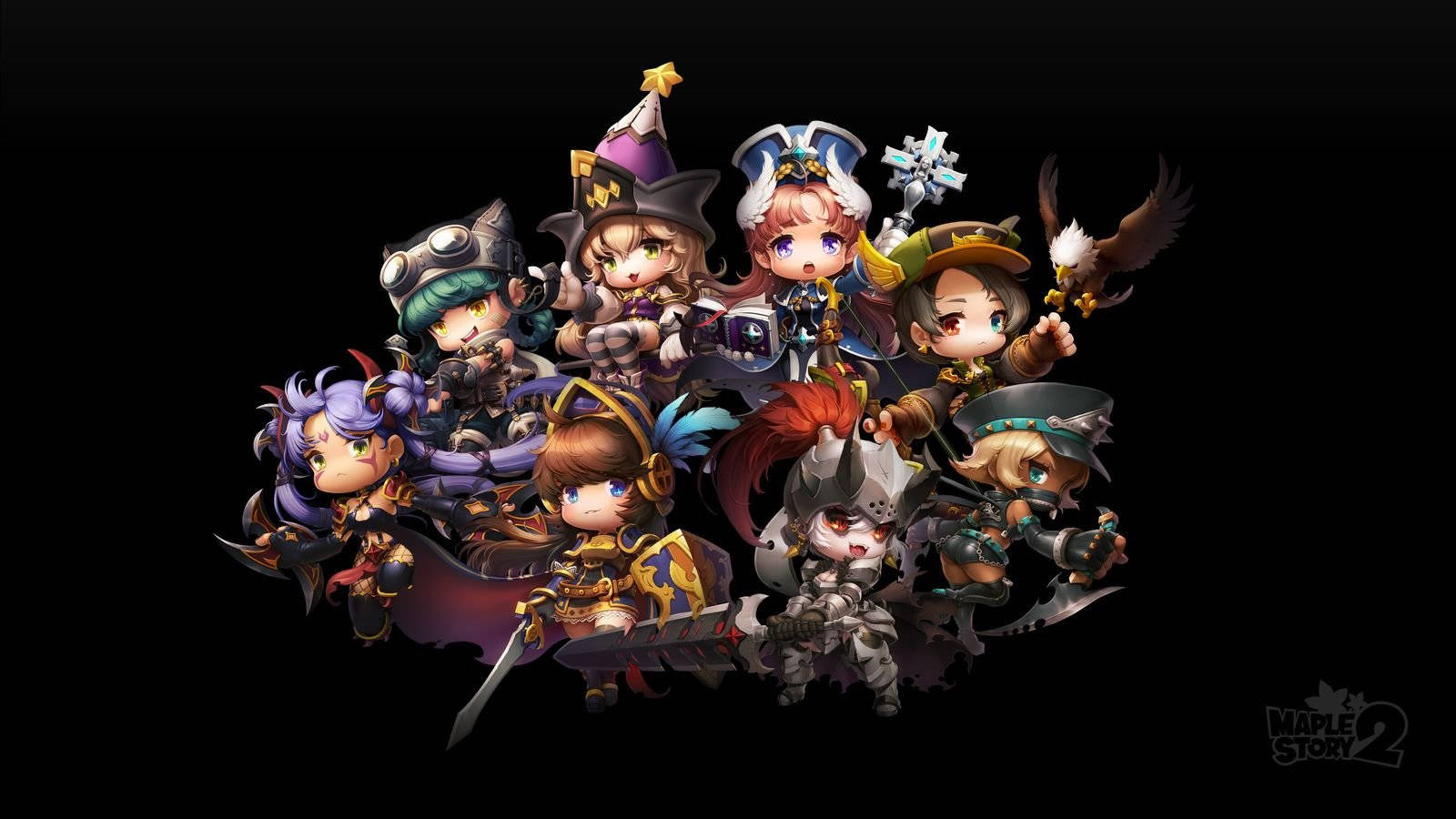 Maplestory 2 桌布 壁紙 — 一群充滿活力的Q版奇幻角色穿著色彩繽紛的服裝，在黑色背景前動態擺姿勢。