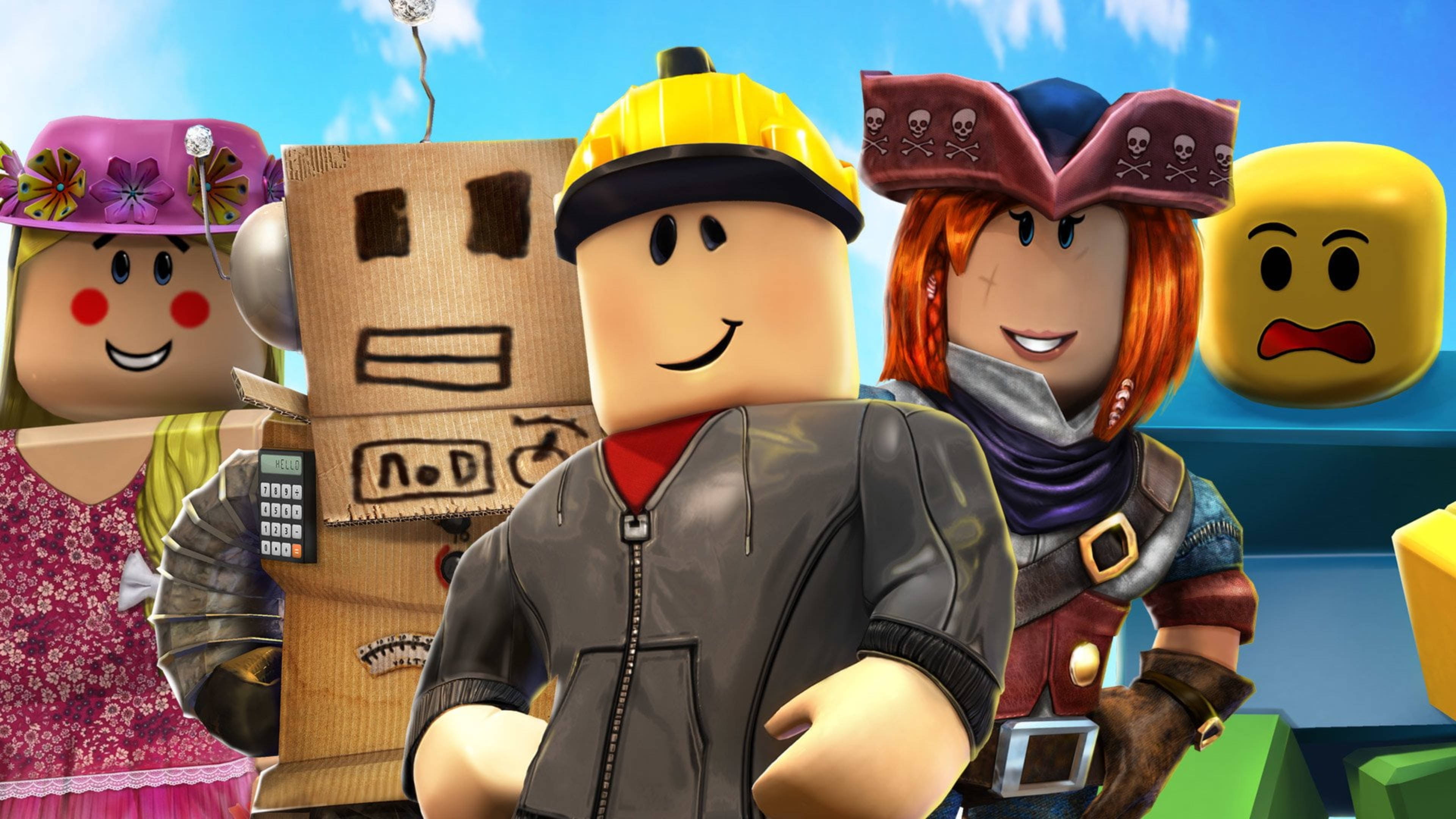 Roblox 桌布 壁紙 — 一群充滿活力的Roblox頭像，穿著不同的服裝和表情，站在明亮的藍天下。