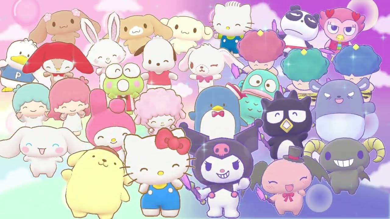 Sanrio角色在彩色天空下微笑，帶有氣泡。 — 三麗鷗角色 GIF 壁紙