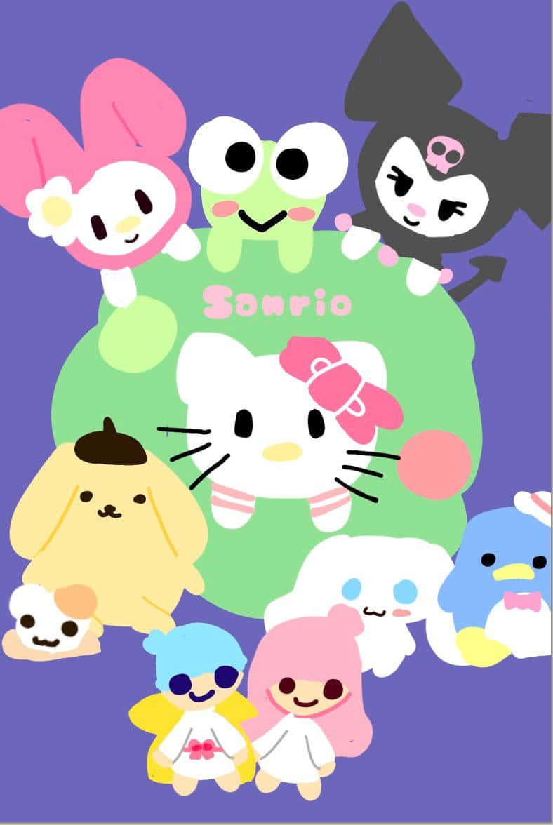Kawaii Hello Kitty 桌布 壁紙 — 一群充滿活力的Sanrio角色，如Hello Kitty和My Melody，在純紫色背景前開心地擺姿勢。