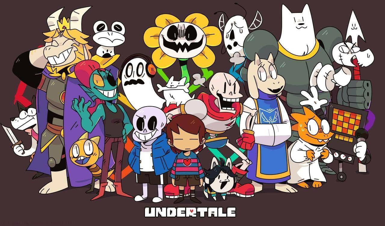 Undertale 桌布 壁紙 — 一群充滿活力的Undertale角色在深棕色背景上以色彩繽紛的卡通插圖一起擺姿勢。