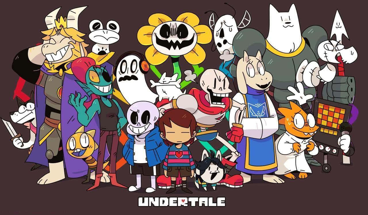 Undertale Desktop 桌布 壁紙 — 一群充滿活力的Undertale角色在深棕色背景上以風格化的卡通插圖一起擺姿勢。