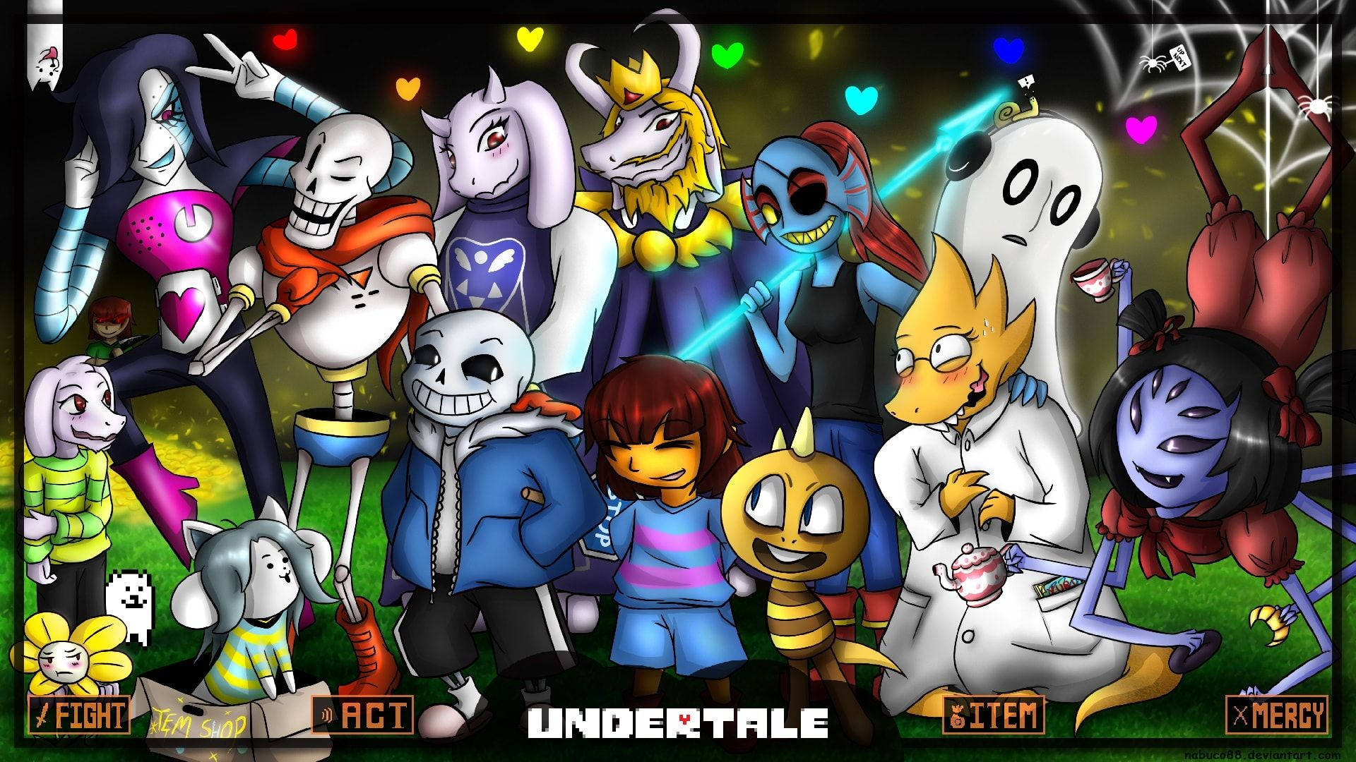 Undertale 桌布 壁紙 — 一群充滿活力的Undertale角色以色彩繽紛的卡通風格一起擺姿勢，帶有發光的心形和遊戲UI元素。