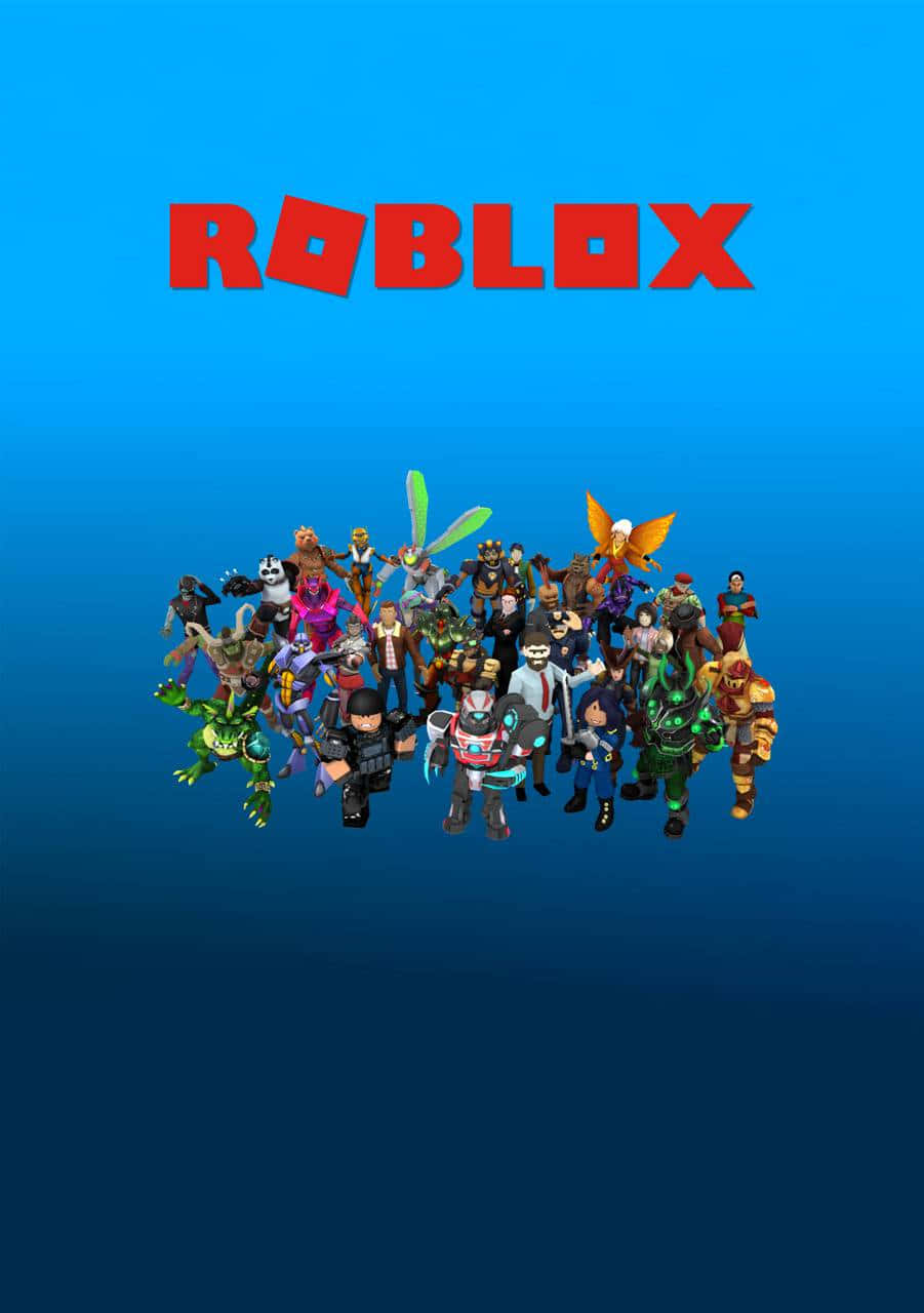 電玩遊戲 桌布 壁紙 — 一群充滿活力的不同Roblox虛擬角色站在漸變藍色背景前，上方有紅色Roblox標誌。