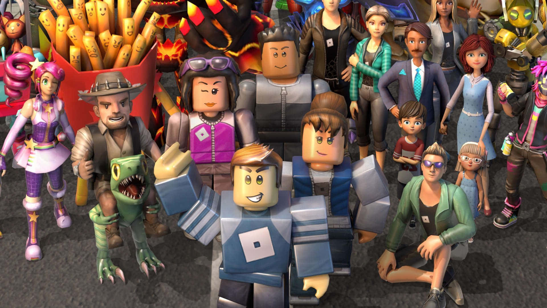 Roblox Avatar 桌布 壁紙 — 一群充滿活力的不同Roblox頭像，穿著獨特的服裝和表情，聚集在一個熱鬧的數位場景中。