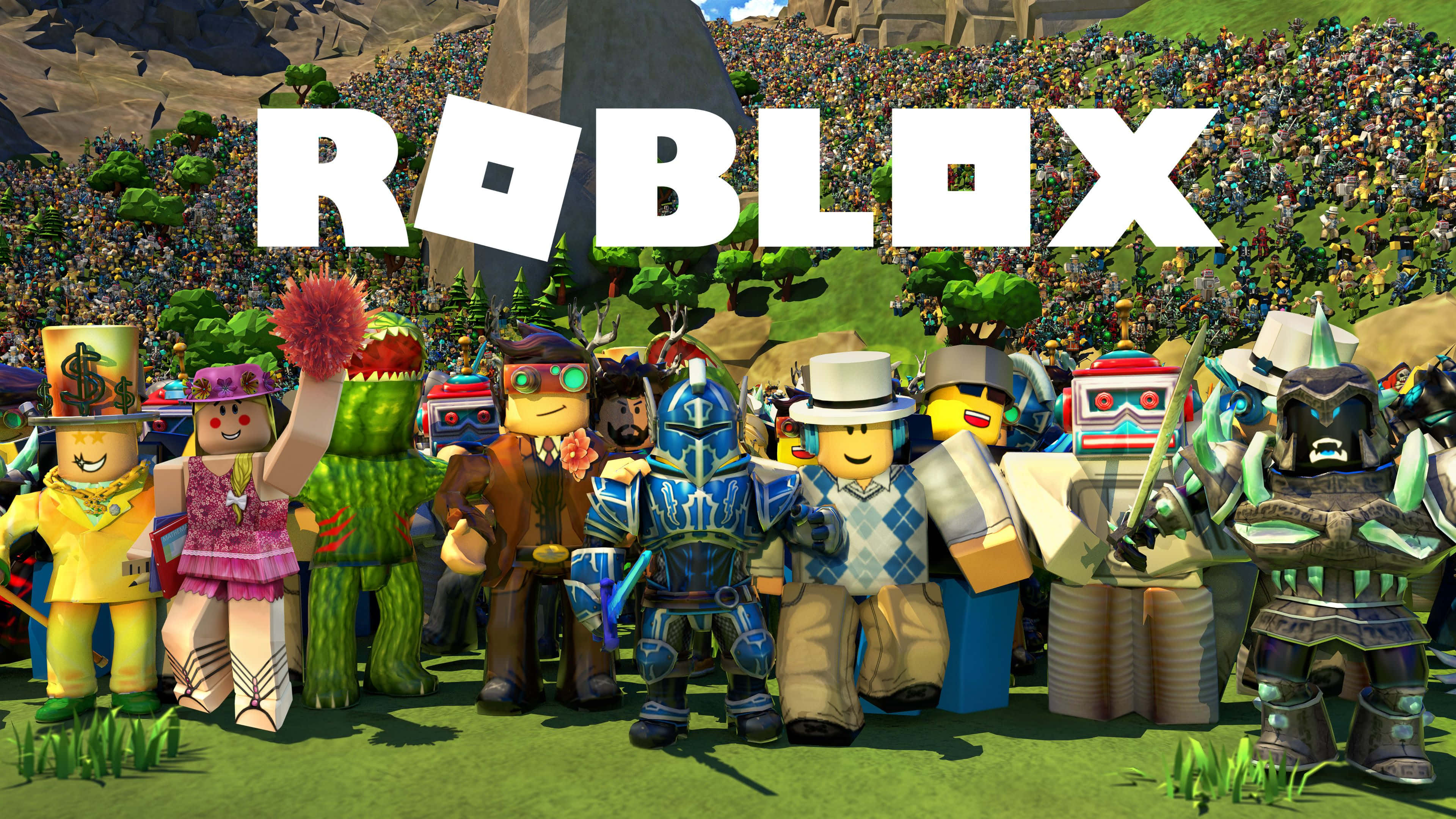 Roblox 桌布 壁紙 — 一群充滿活力的不同Roblox頭像，穿著色彩繽紛的服裝，在岩石山坡前的草地上擺姿勢，背景有ROBLOX標誌。