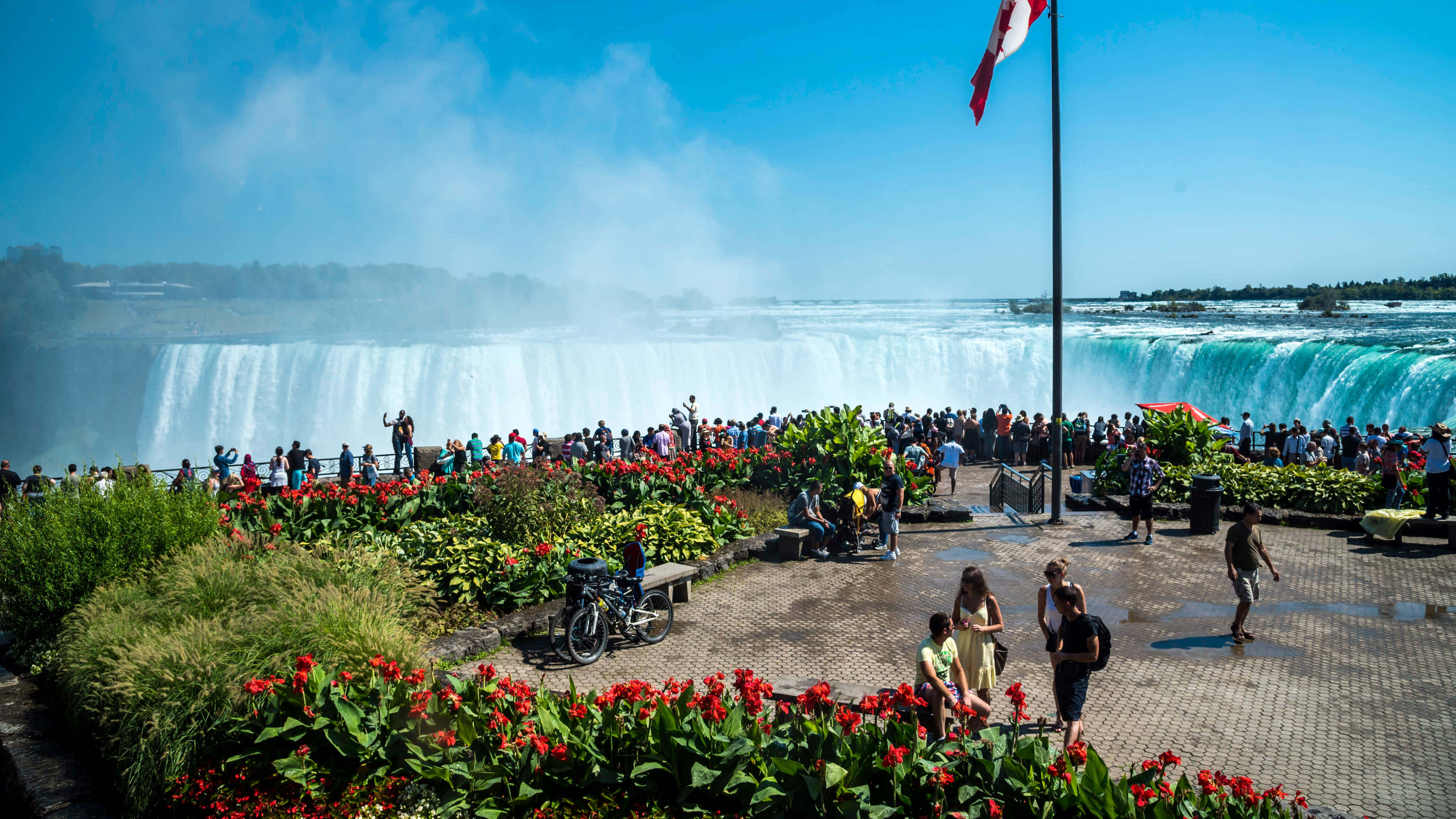 Niagara Falls Canada 桌布 壁紙 — 一群充滿活力的人群聚集在鋪砌的觀景點，該觀景點裝飾著紅花，在晴朗的藍天下目睹尼亞加拉大瀑布的雷鳴般的瀑布。