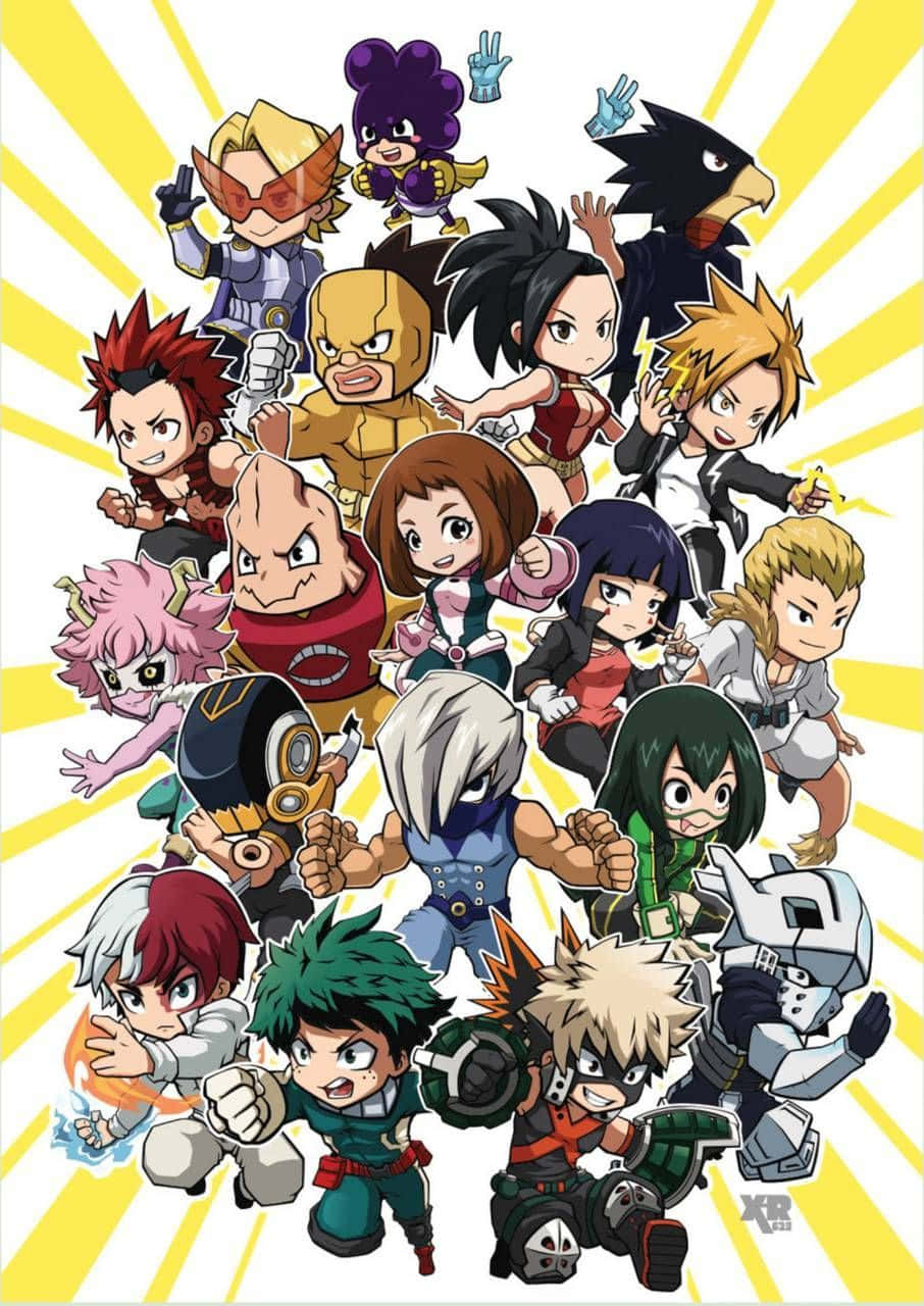 Cute My Hero Academia 桌布 壁紙 — 一群充滿活力的動漫Q版英雄在燦爛的黃色太陽爆發背景下動態擺姿勢。