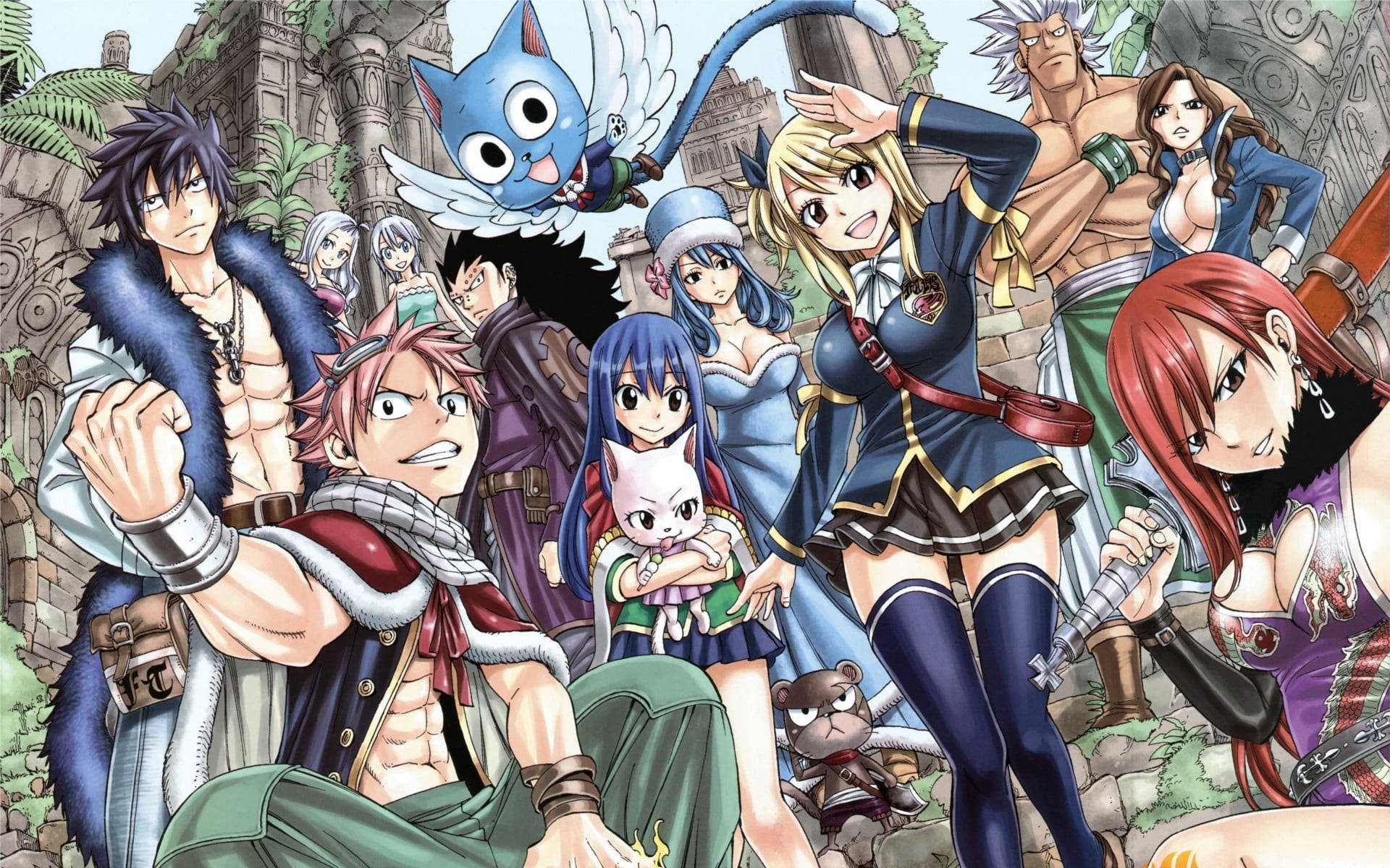 Fairy Tail Characters 桌布 壁紙 — 一群充滿活力的動漫冒險家，在古老廢墟中與藍貓和小狐狸同伴一起英勇地擺姿勢。