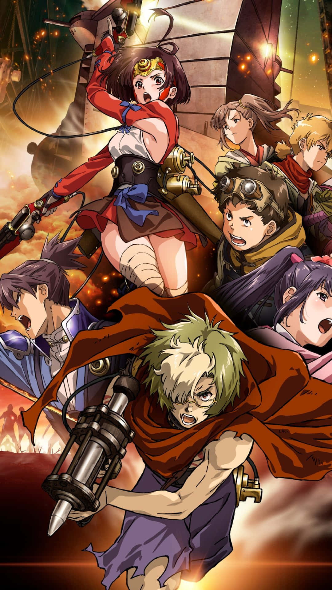 Kabaneri Of The Iron Fortress 桌布 壁紙 — 一群充滿活力的動漫冒險家，身穿蒸氣龐克裝備，在熾熱的背景中，伴隨著發光的燈光和機械元素向前衝刺。