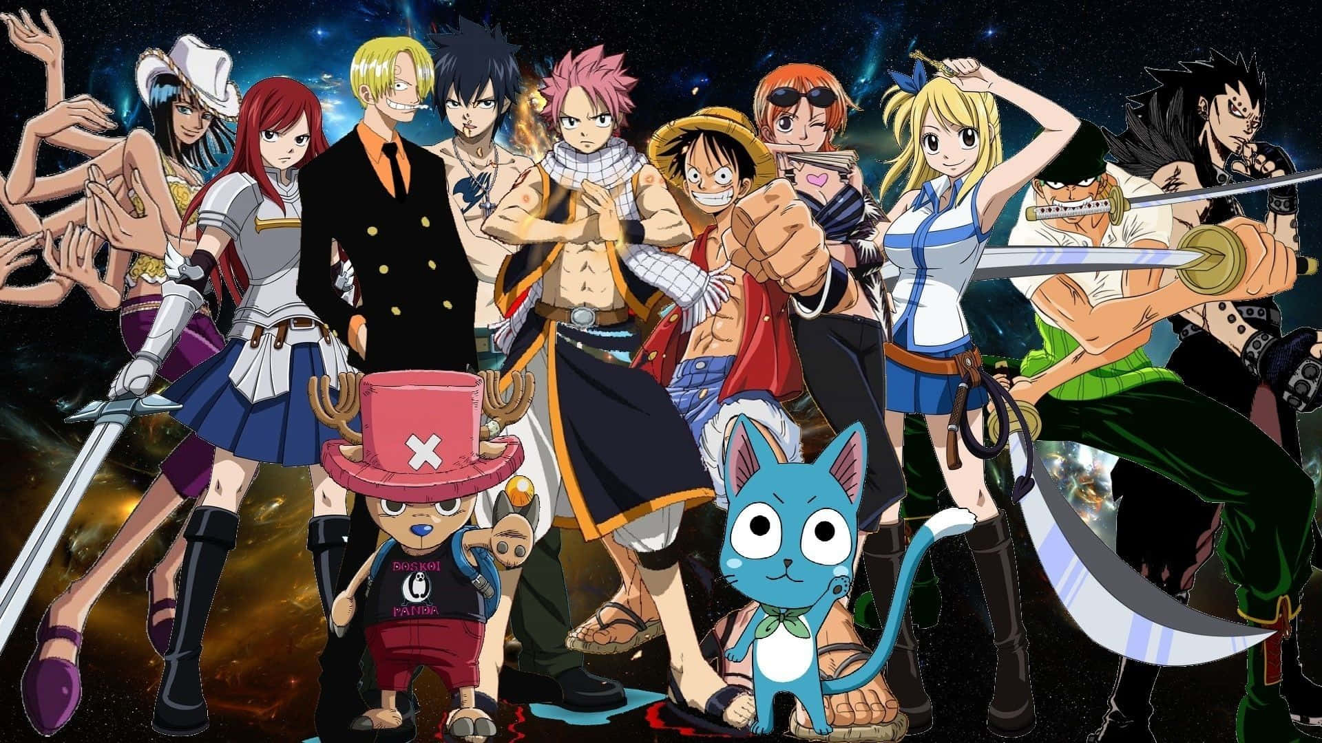 Luffy 桌布 壁紙 — 一群充滿活力的動漫冒險家以動態姿勢和色彩繽紛的服裝，在宇宙星空背景下英勇地擺出姿勢。