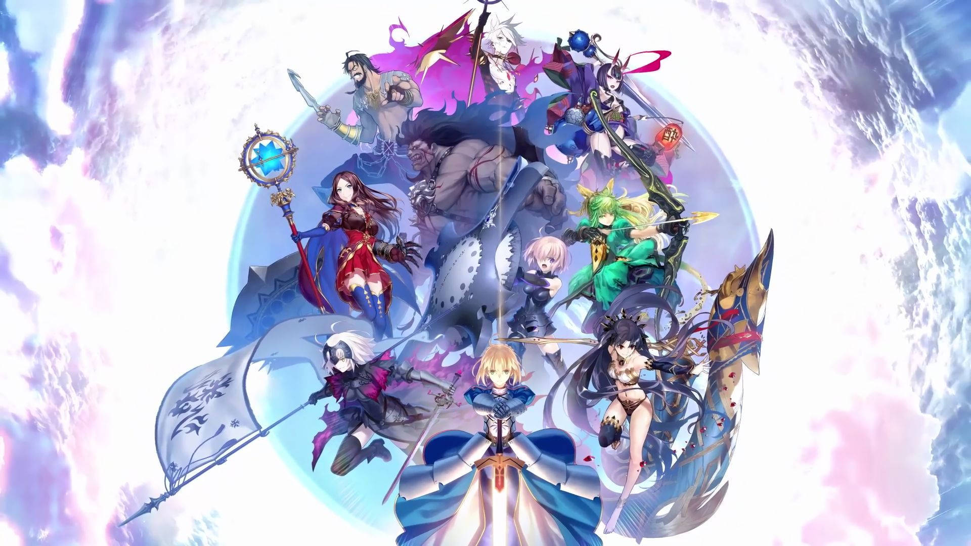 Fate/Grand Order 桌布 壁紙 — 一群充滿活力的動漫奇幻戰士和法師，在旋轉的宇宙背景下動態擺姿勢。