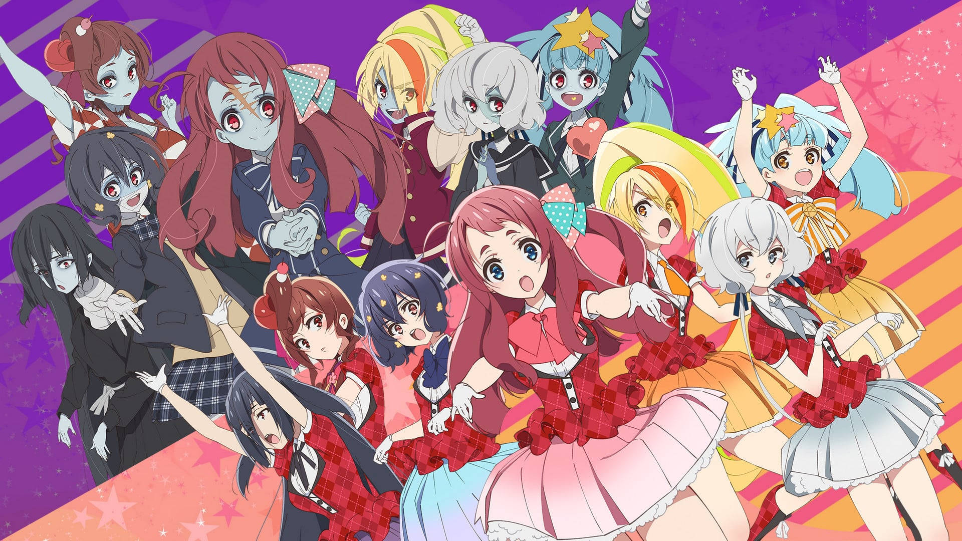 zombie land saga 桌布 壁紙 — 一群充滿活力的動漫女孩，穿著色彩繽紛的服裝，在紫色和橙色的星空背景下充滿活力地擺姿勢。
