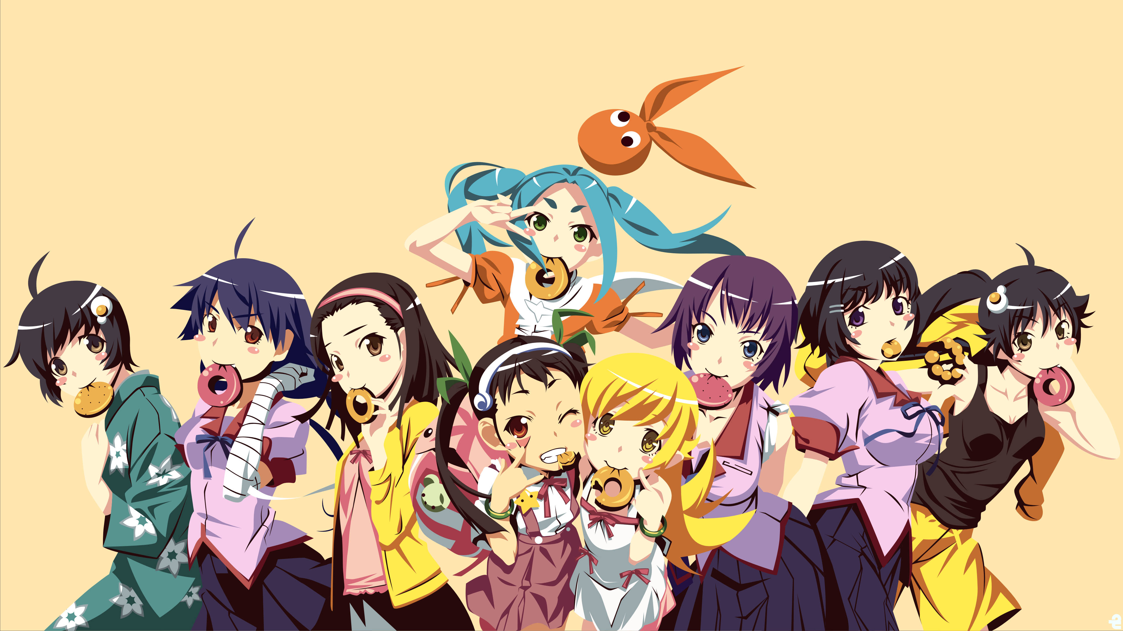 Monogatari 桌布 壁紙 — 一群充滿活力的動漫女孩穿著色彩繽紛的服裝，在柔和的米色背景前快樂地吃著餅乾。