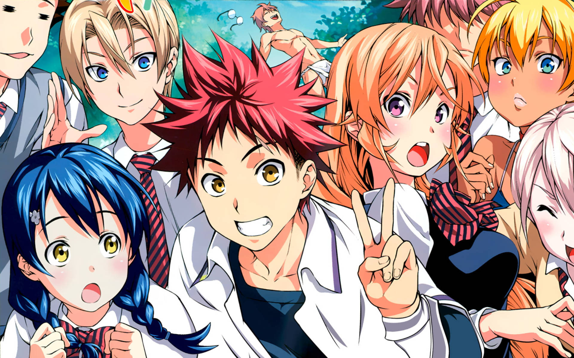 food wars shokugeki no soma 桌布 壁紙 — 一群充滿活力的動漫學生，穿著校服，表情豐富，頭髮色彩繽紛，充滿活力地擺姿勢。