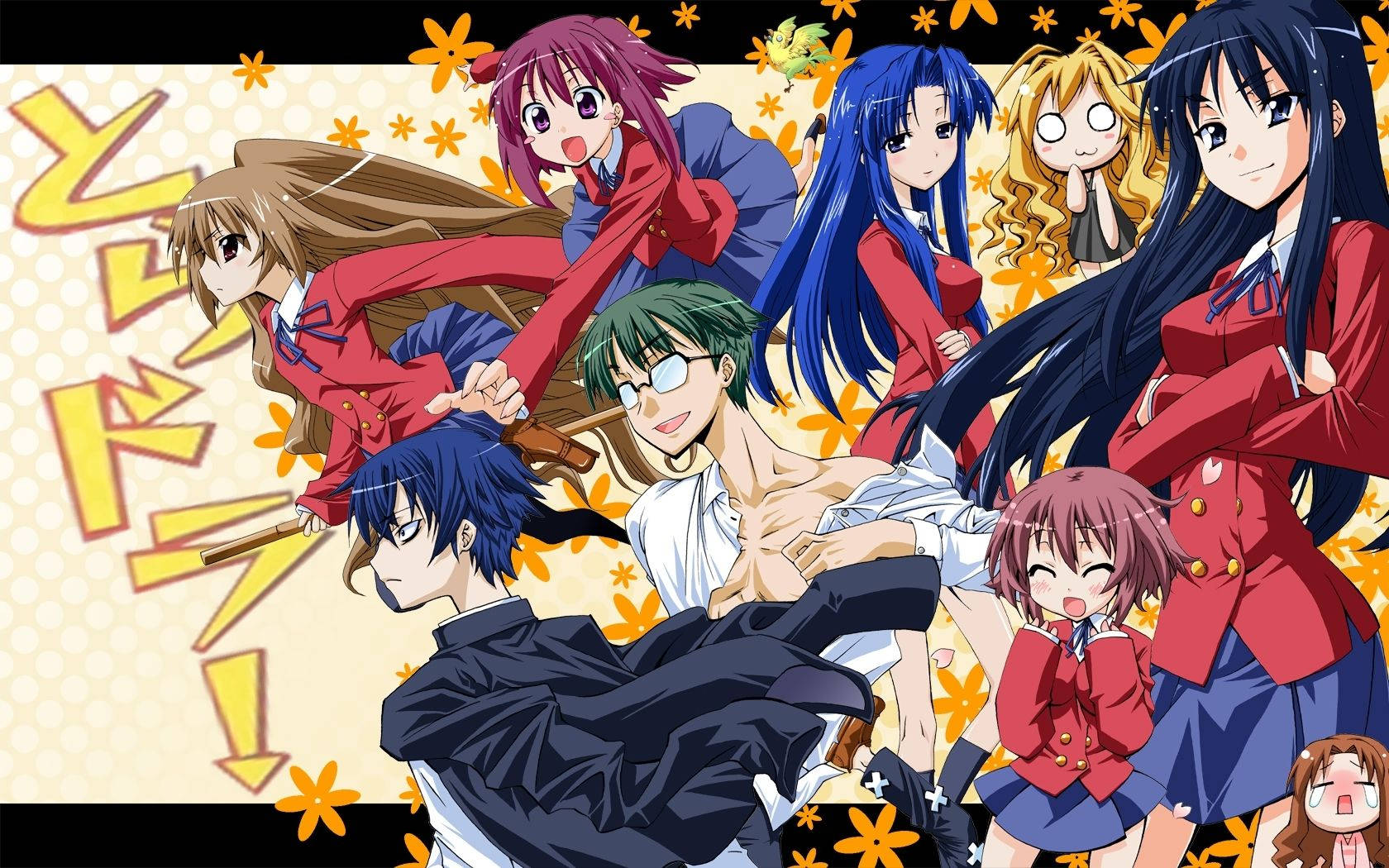 Toradora 桌布 壁紙 — 一群充滿活力的動漫學生，身穿紅色制服，在黃色花卉背景和日文字幕下動態擺姿勢。