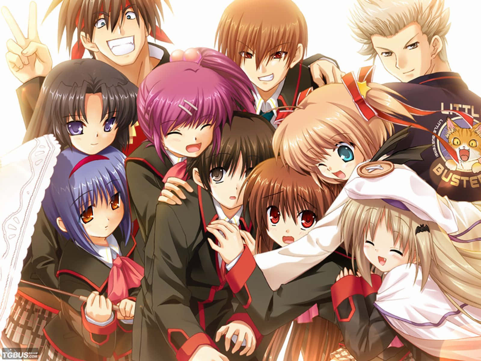 Anime Group 桌布 壁紙 — 一群充滿活力的動漫學生穿著校服，以多樣的表情和色彩繽紛的頭髮愉快地擺姿勢。