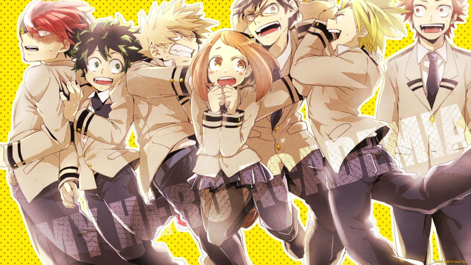 Cute My Hero Academia 桌布 壁紙 — 一群充滿活力的動漫學生穿著校服，在明亮的黃色圓點背景前愉快地擺姿勢。