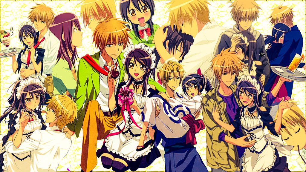 Kaichou Wa Maid Sama 桌布 壁紙 — 一群充滿活力的動漫年輕角色，穿著女僕裝和休閒服，在閃閃發光的金色背景前一起擺姿勢。