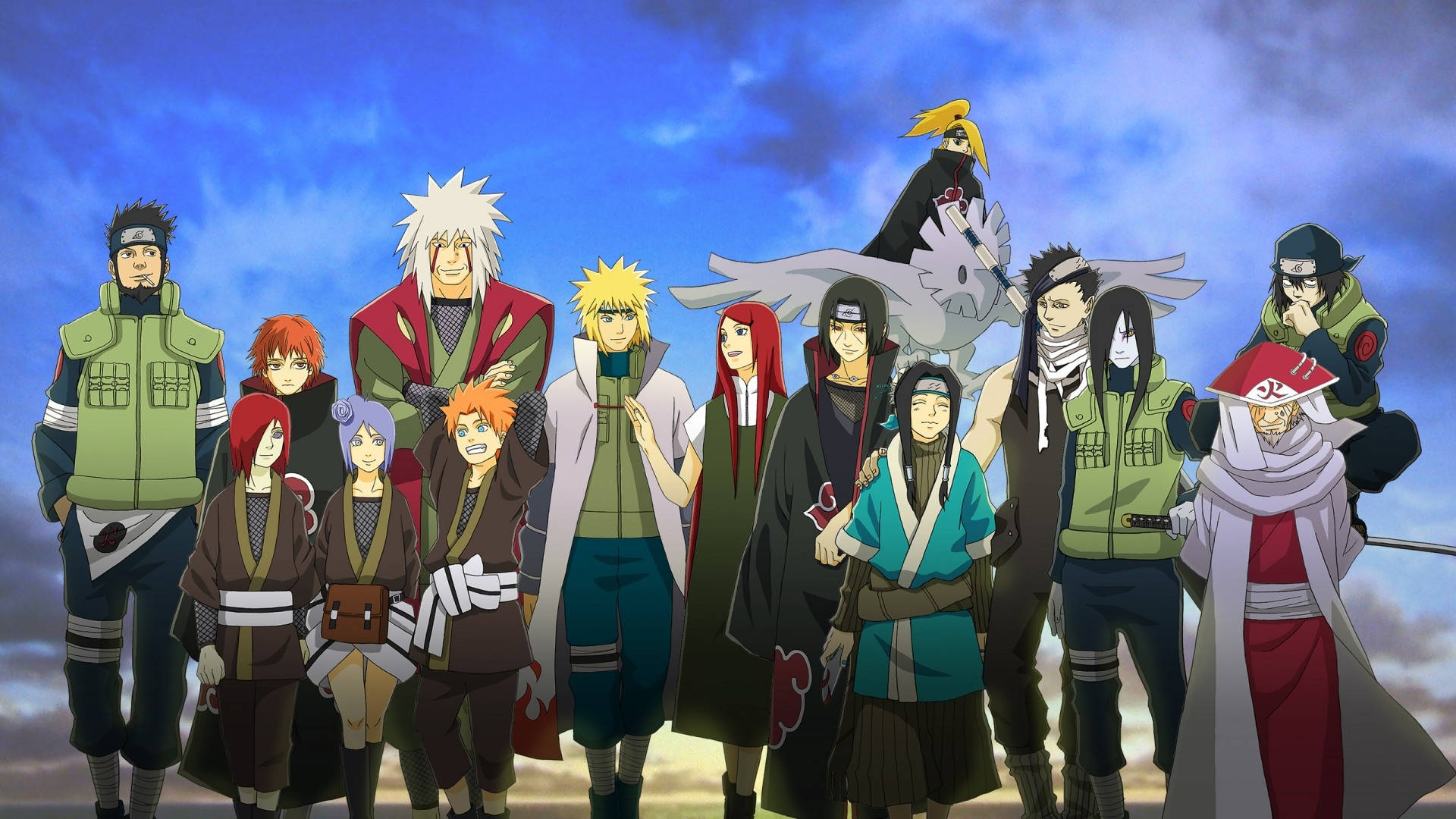Naruto HD 桌布 壁紙 — 一群充滿活力的動漫忍者站在戲劇性的藍天白雲下。