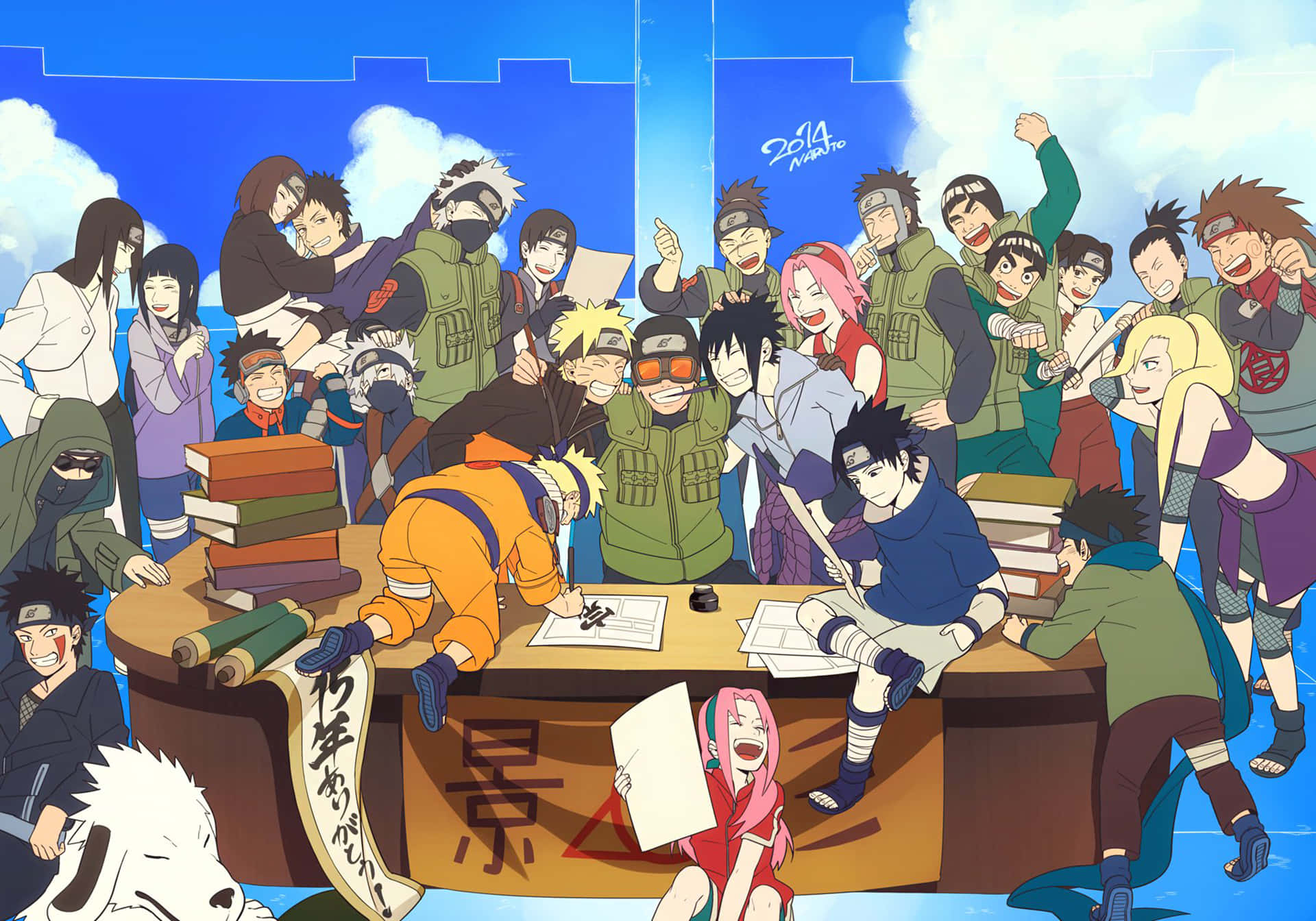 Konoha 桌布 壁紙 — 一群充滿活力的動漫忍者角色在明亮的藍天下，歡樂地聚集在一張放滿卷軸和書籍的木桌周圍。