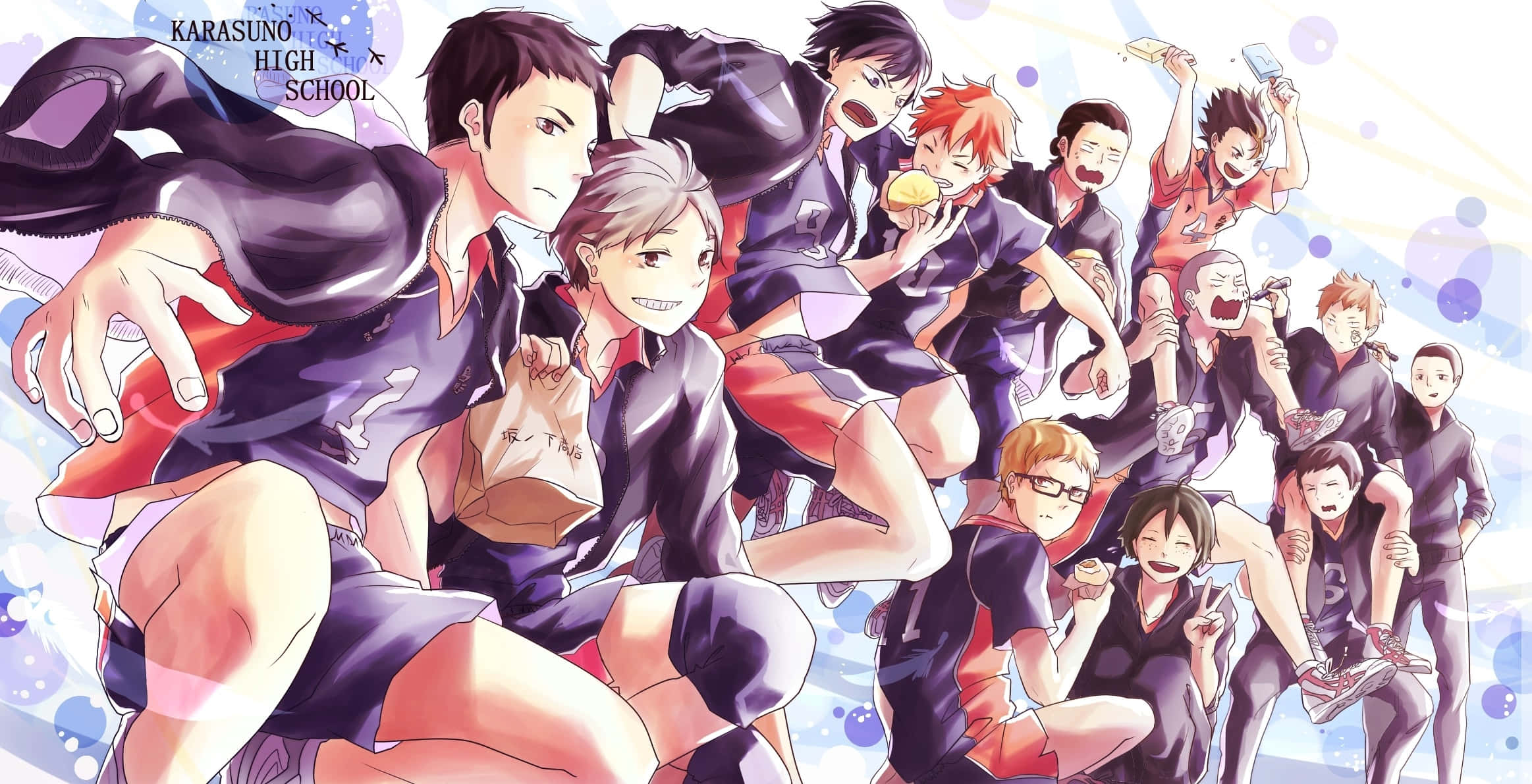 Haikyuu Nekoma 桌布 壁紙 — 一群充滿活力的動漫排球運動員，身穿深色制服，在閃爍的藍色背景前充滿活力地擺姿勢。