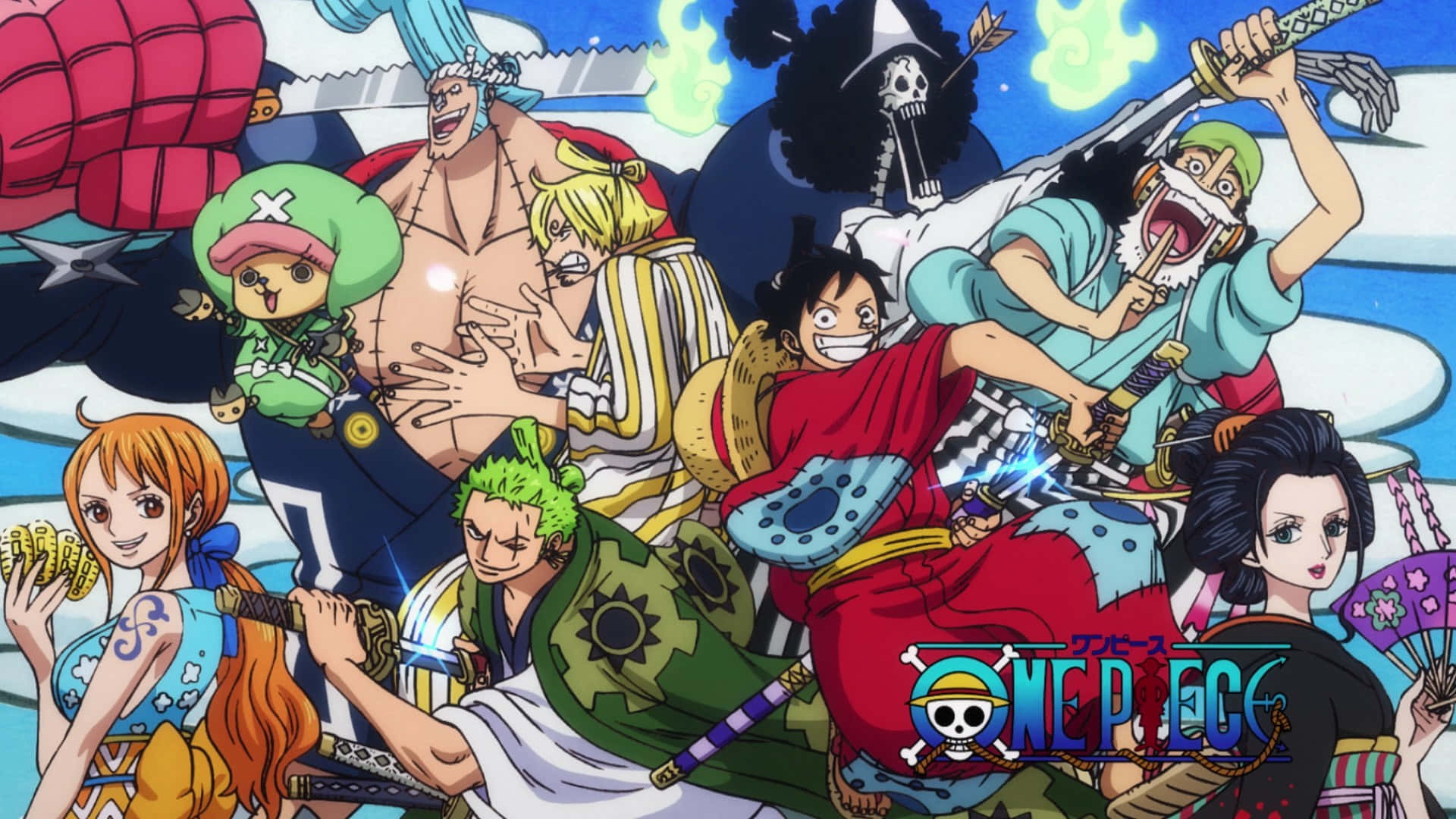 Wano Country 桌布 壁紙 — 一群充滿活力的動漫海盜，手持劍，表情豐富，背景是明亮的藍天白雲。
