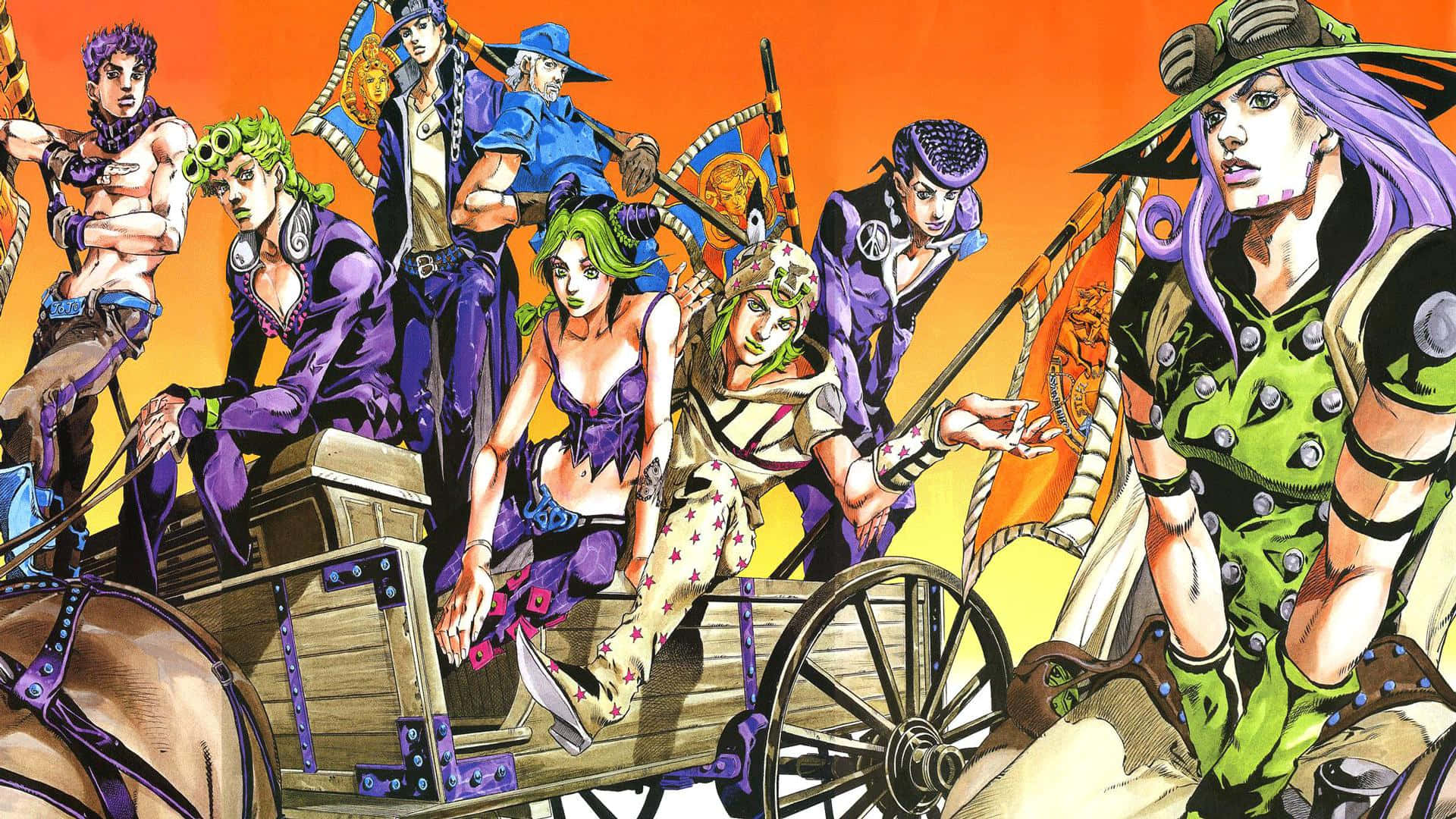 Jjba 桌布 壁紙 — 一群充滿活力的動漫角色，擁有色彩繽紛的頭髮和大膽的服裝，乘坐木製馬車，背景是火紅的橙色天空。