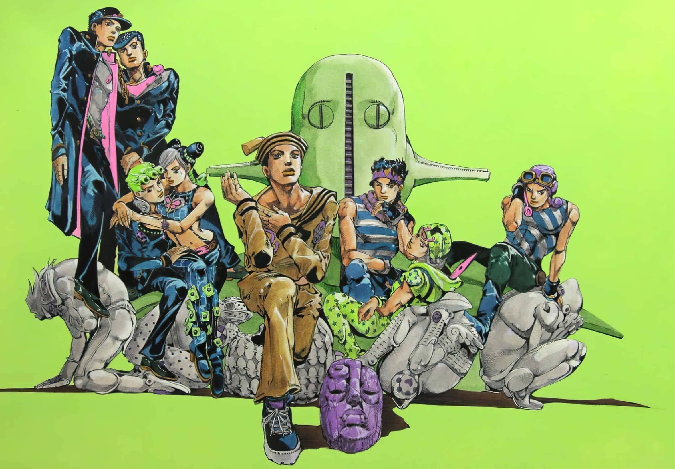 Jojo's Bizarre Adventure 桌布 壁紙 — 一群充滿活力的動漫角色，穿著獨特的服裝和配飾，在明亮的萊姆綠色背景前擺姿勢。