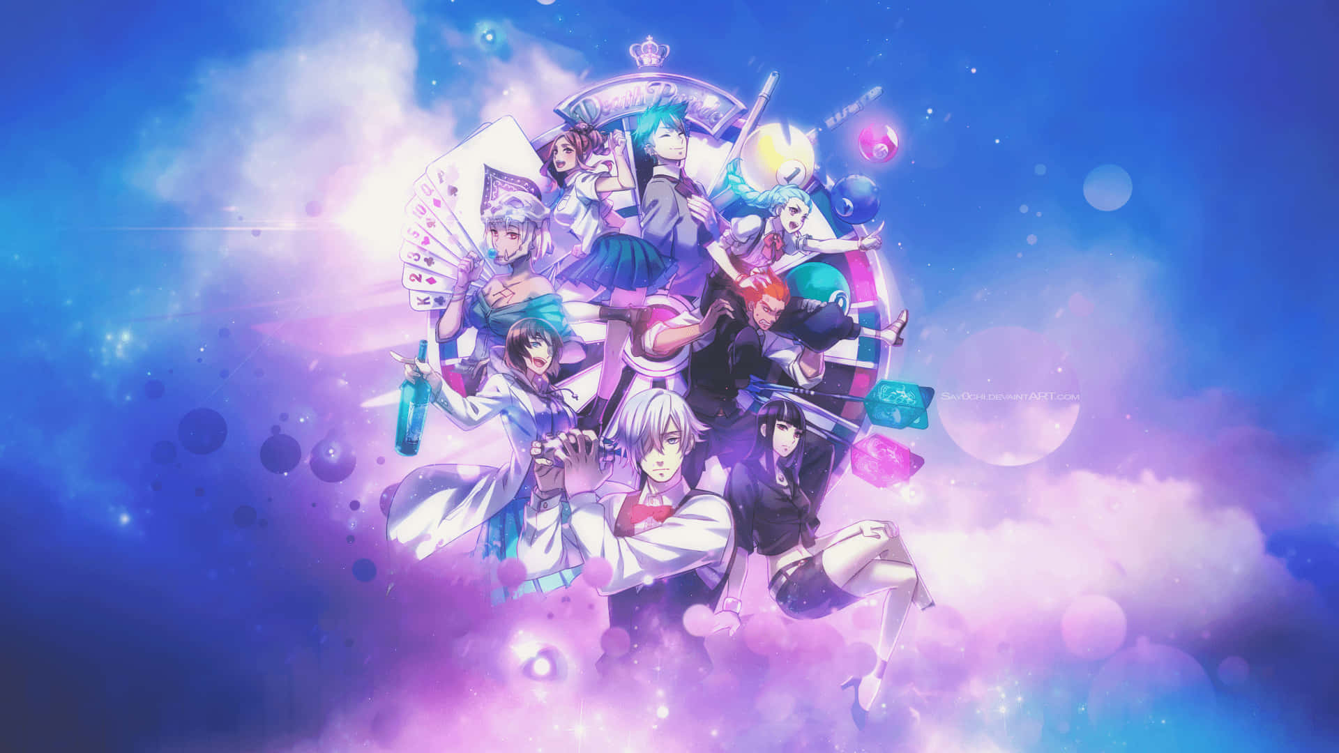 Death Parade 桌布 壁紙 — 一群充滿活力的動漫角色在閃爍的宇宙藍紫色天空中動態漂浮，伴隨著閃爍的粒子。