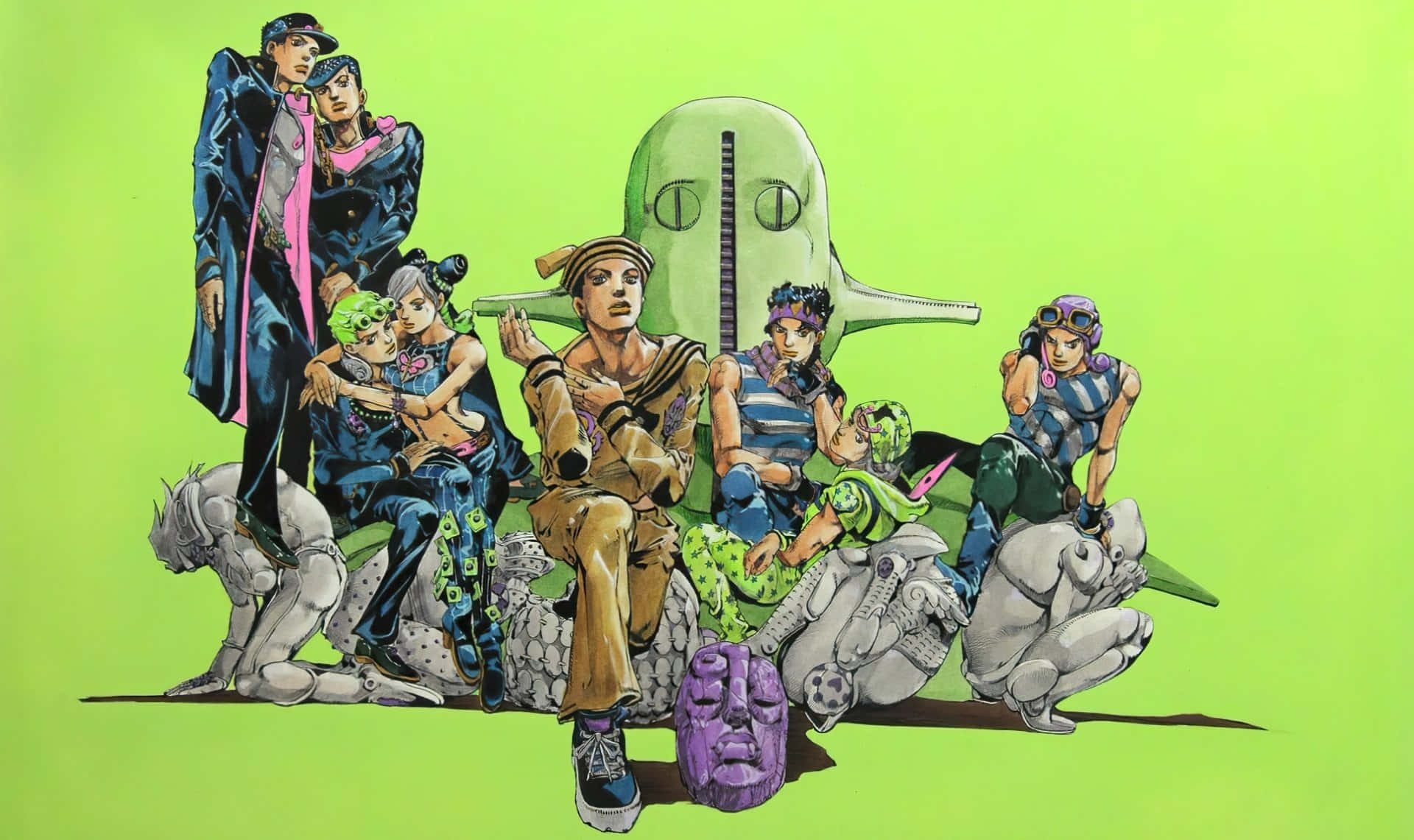 Jjba 桌布 壁紙 — 一群充滿活力的動漫角色與一隻巨大的綠色鯨魚狀生物在霓虹綠色背景前擺姿勢。