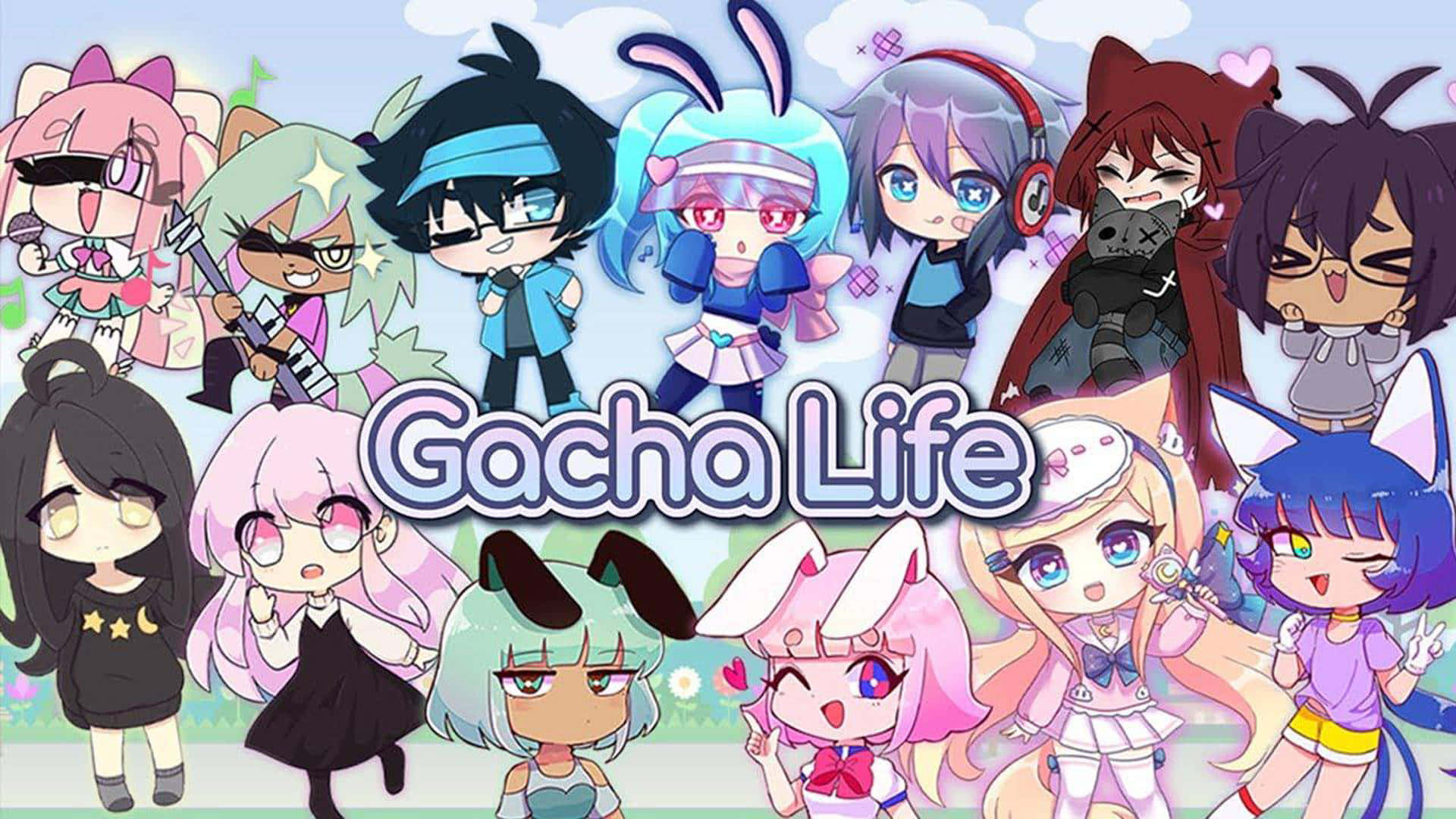Gacha Life 桌布 壁紙 — 一群充滿活力的動漫風格Q版角色，擁有動物耳朵和富有表情的眼睛，聚集在「Gacha Life」標誌周圍。