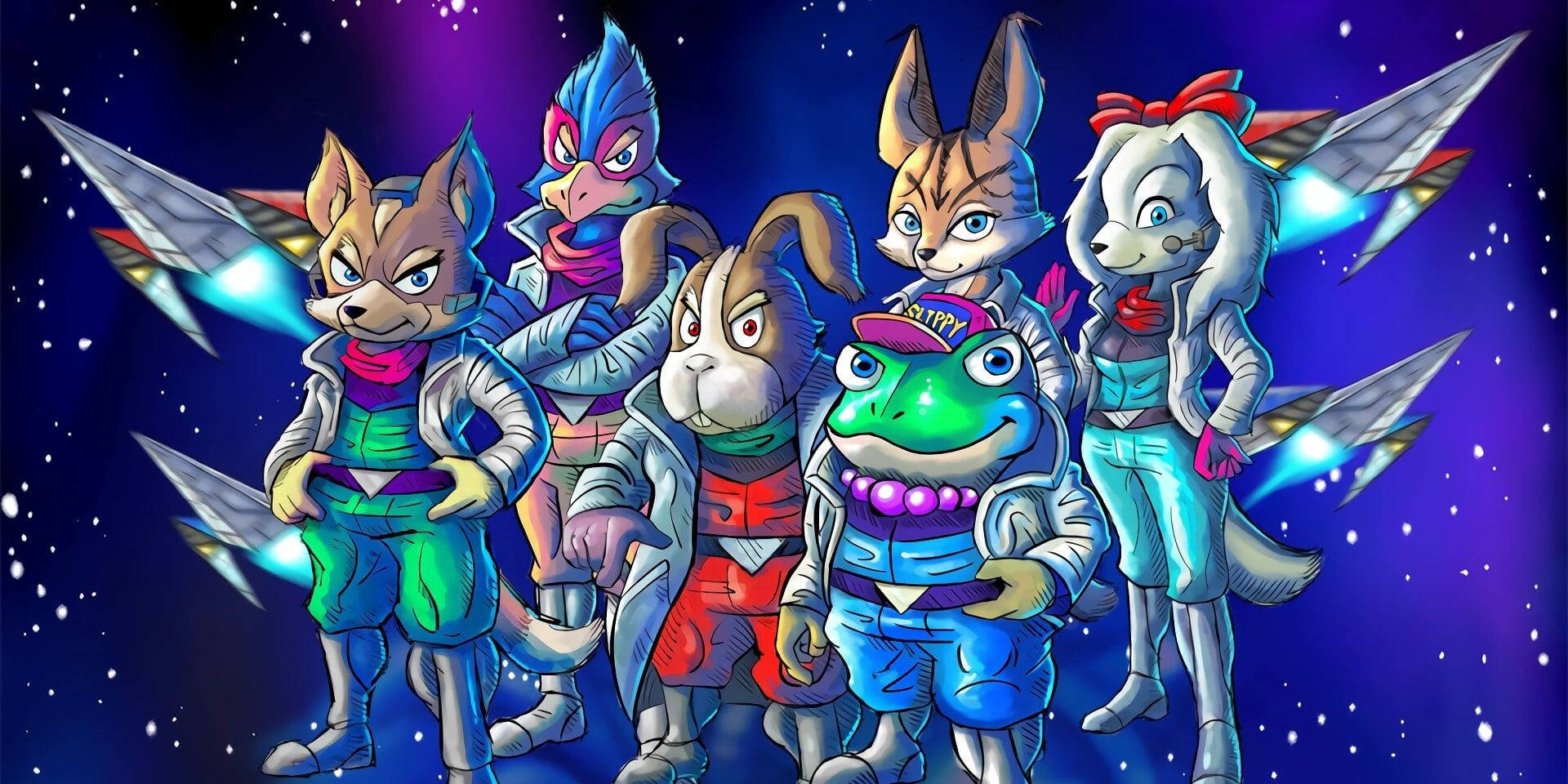 Star Fox 桌布 壁紙 — 一群充滿活力的動漫風格擬人化動物太空人，自信地站在星光燦爛的宇宙背景前，伴隨著發光的太空船。