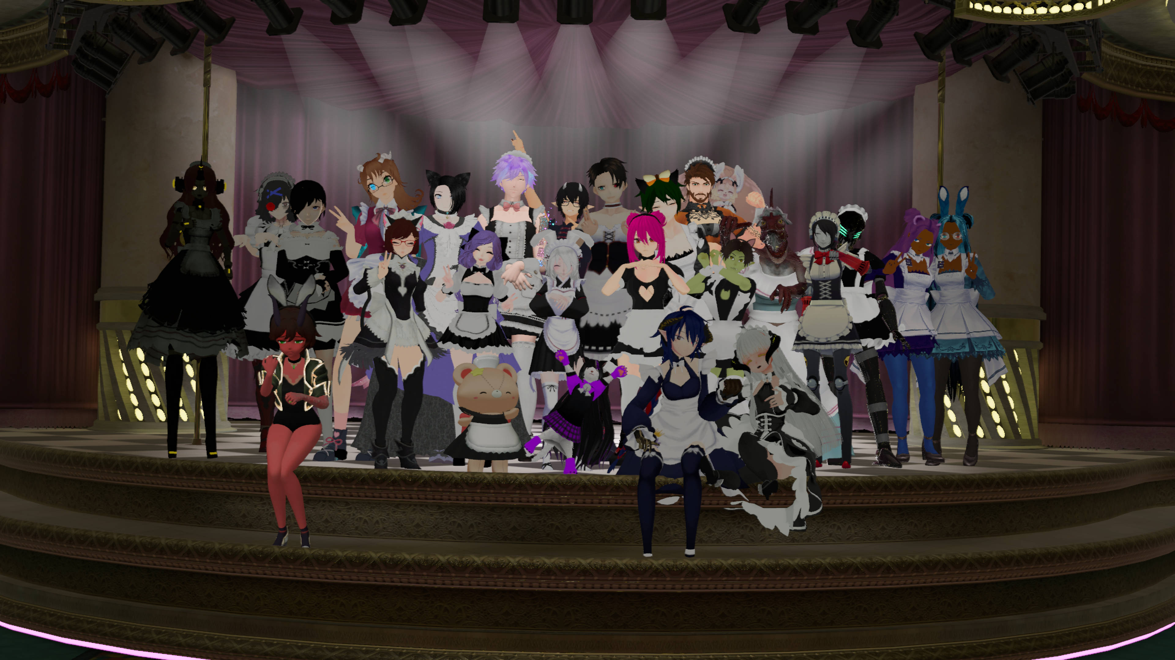 Vrchat 桌布 壁紙 — 一群充滿活力的動漫風格角色穿著女僕裝，在戲劇性的紫色燈光下於大舞台上擺姿勢。