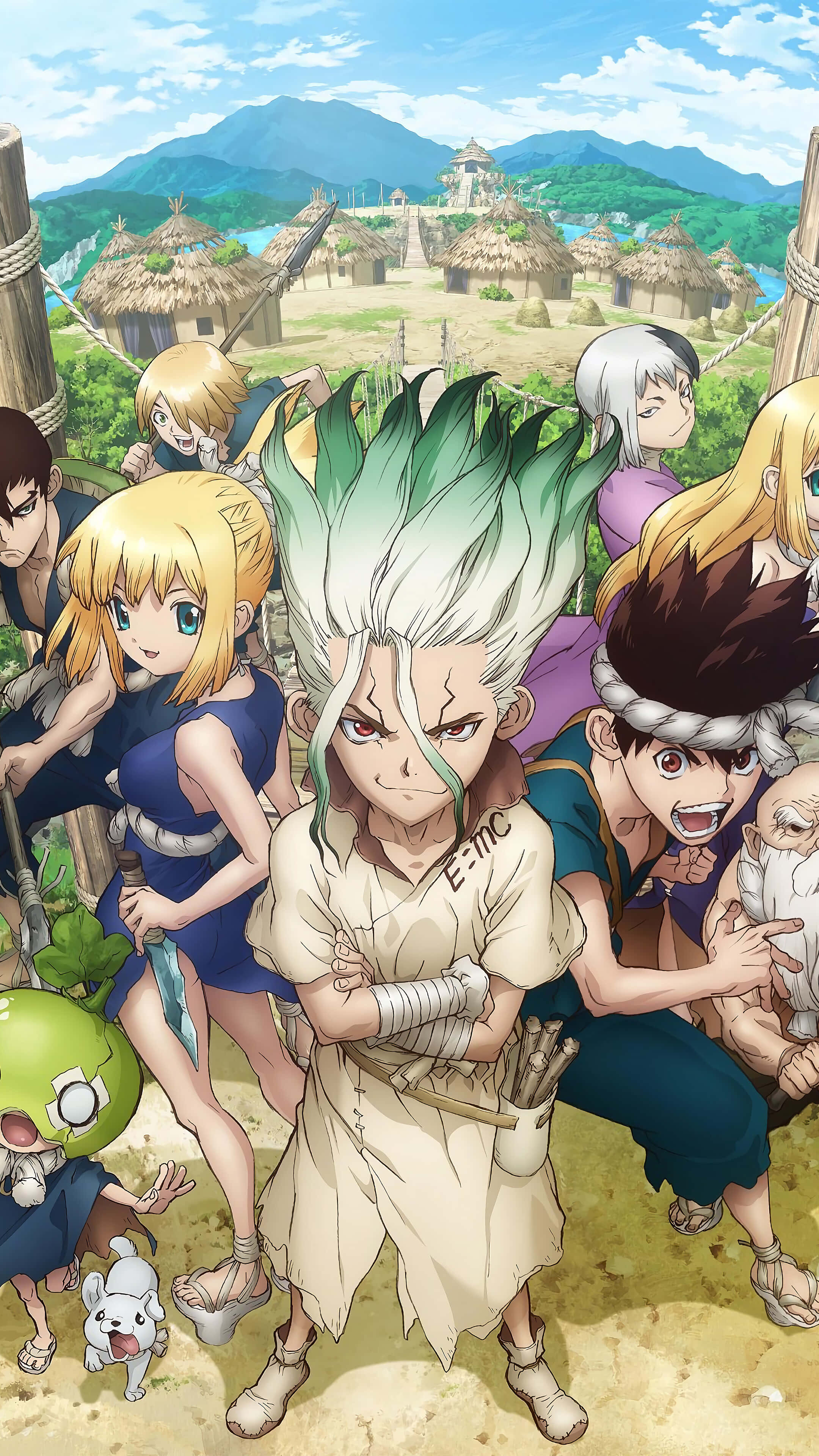 Dr.STONE 新石紀 桌布 壁紙 — 一群充滿活力的動畫冒險家站在一個有茅草屋和山脈背景的鄉村中。