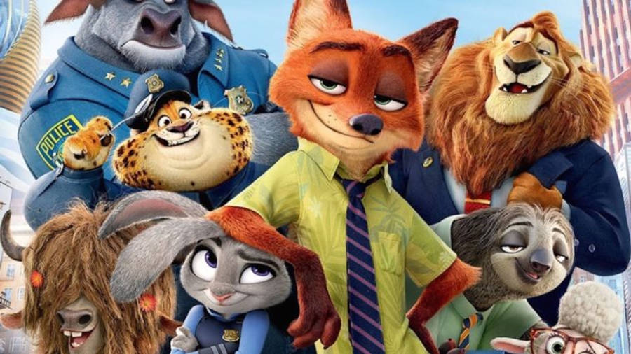 Judy Hopps 桌布 壁紙 — 一群充滿活力的動畫動物角色穿著警察制服，在城市天際線背景下自信地擺姿勢。