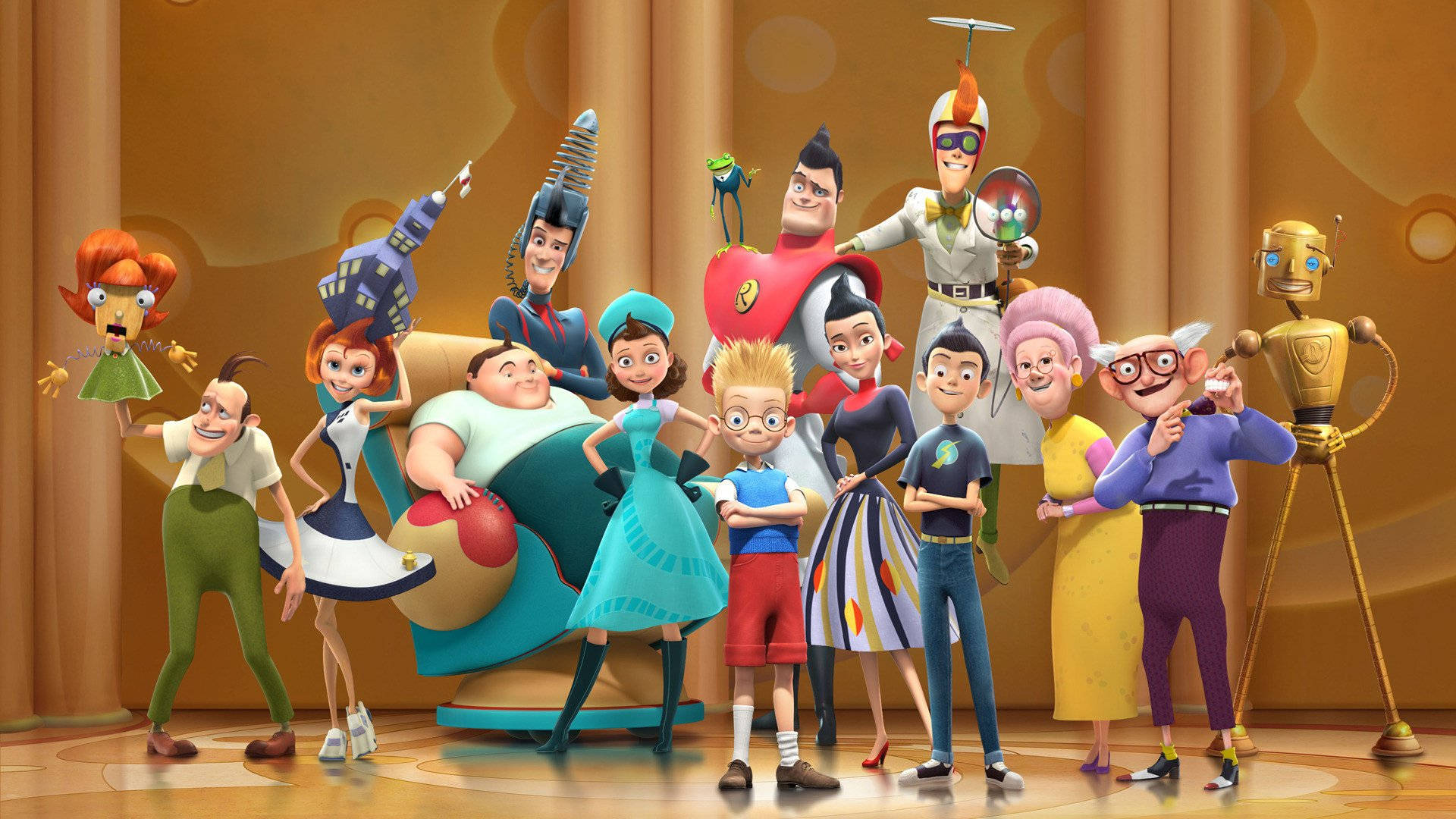 meet the robinsons 桌布 壁紙 — 一群充滿活力的動畫古怪角色，包括一個機器人和一個超級英雄，在溫暖照明的攝影棚中一起擺姿勢。