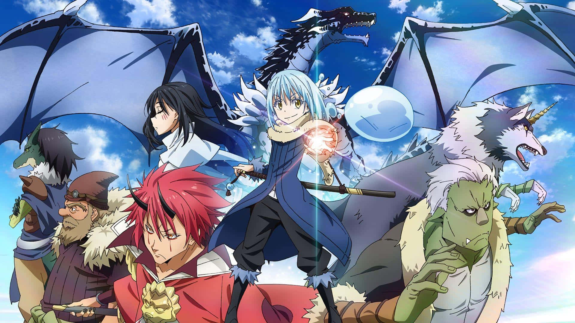 That Time I Got Reincarnated As A Slime 桌布 壁紙 — 一群充滿活力的動畫奇幻冒險家，在明亮的藍天下與龍和神話野獸同行。