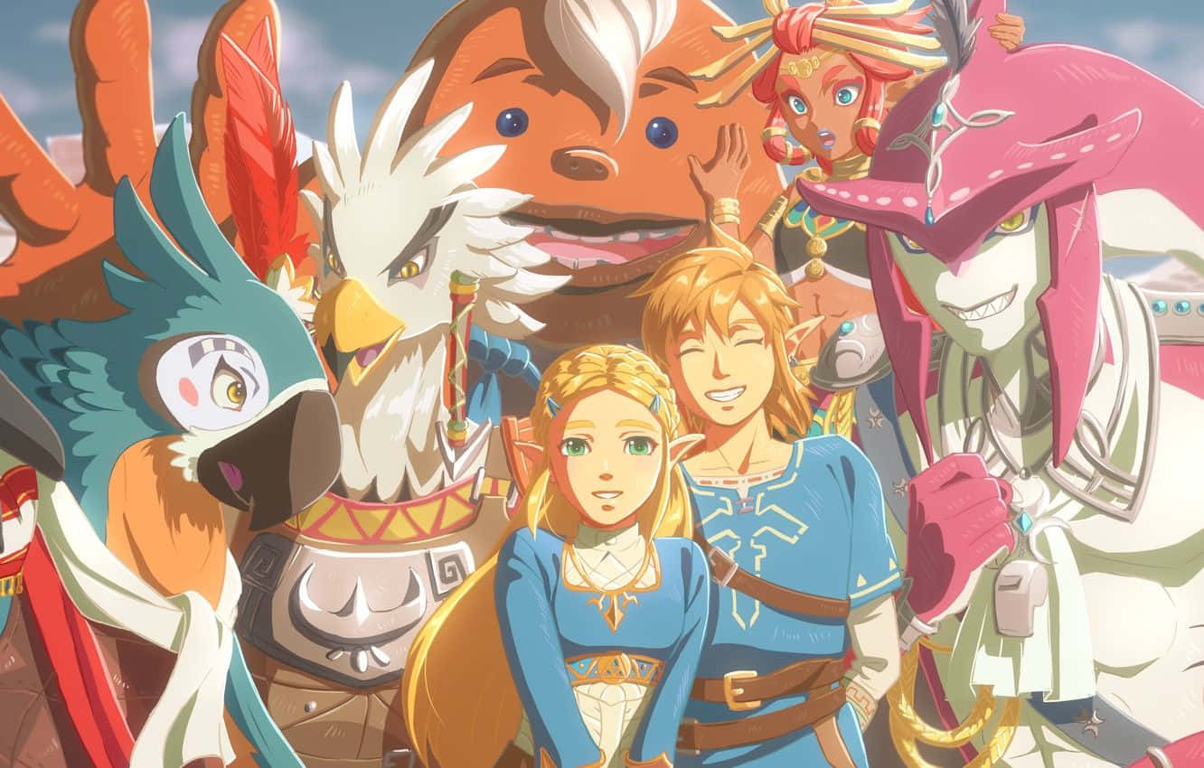 The Legend Of Zelda Daruk 桌布 壁紙 — 一群充滿活力的動畫奇幻角色，包括林克、薩爾達和一隻大型橙色生物，在明亮的天空下一起擺姿勢。